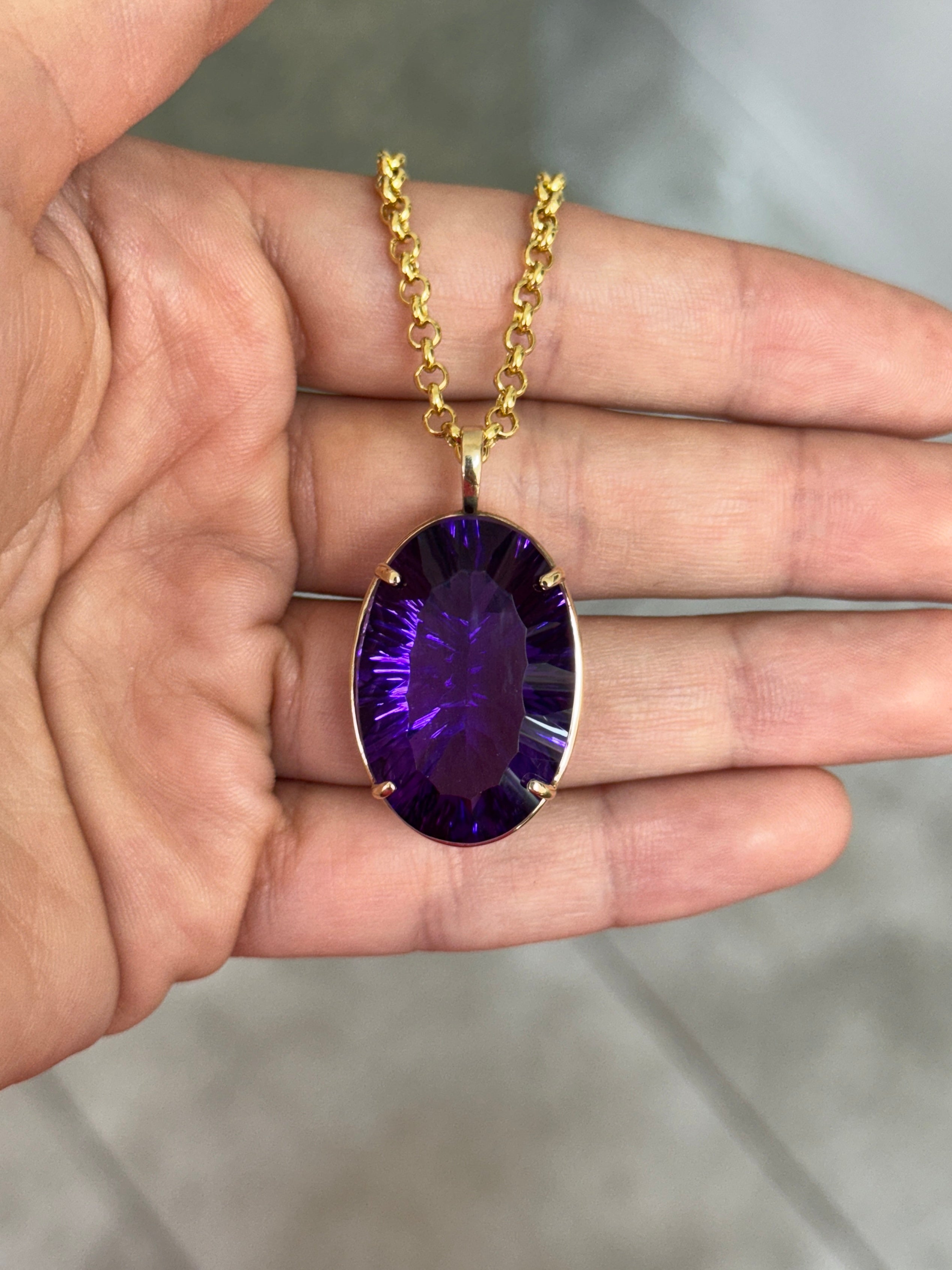 39.10 Carat Oval Crisscut Amethyst Pendant Deep Purple Statement Gemstone In Fine Gold Setting
