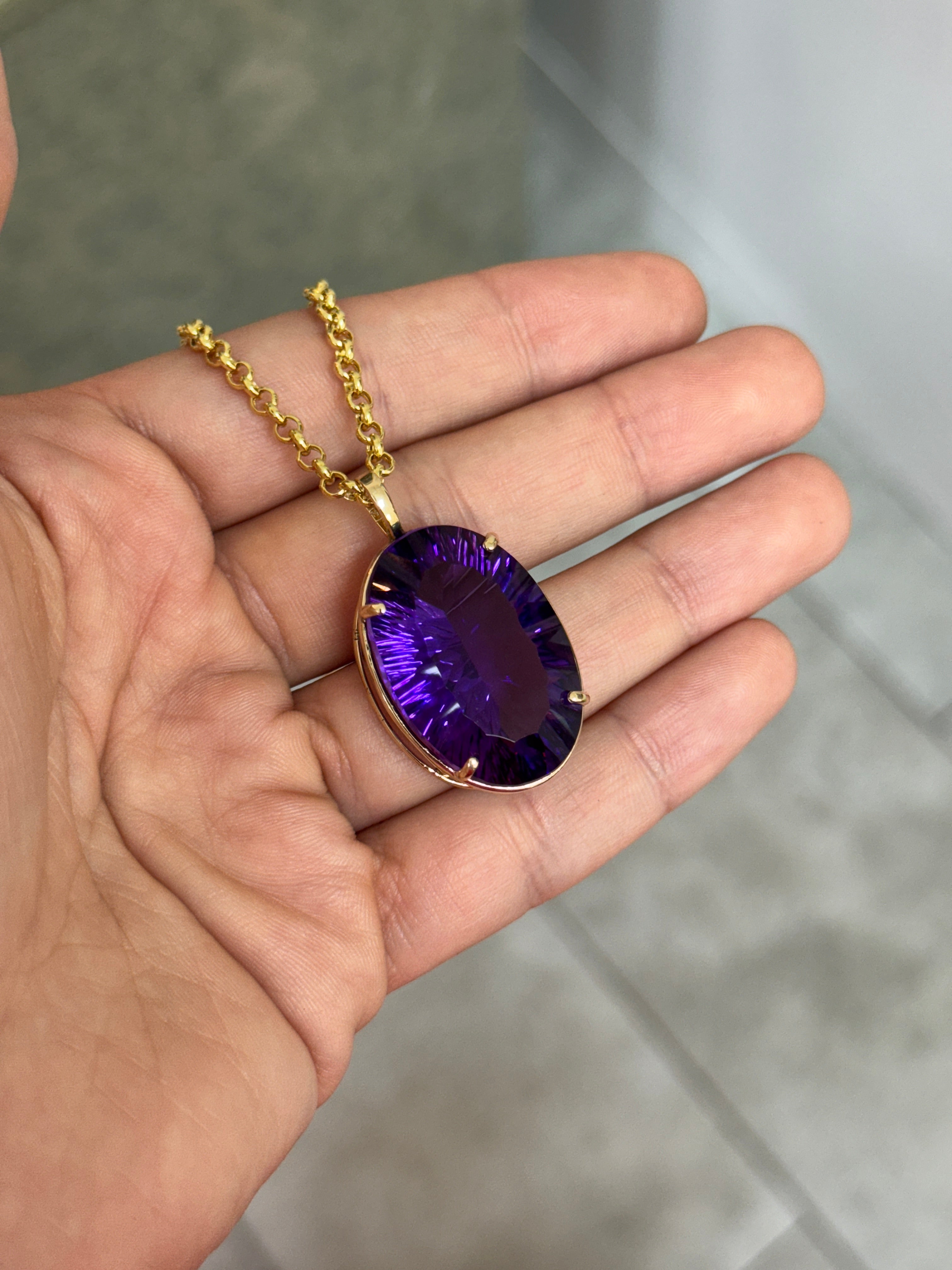 39.10 Carat Oval Crisscut Amethyst Pendant Deep Purple Statement Gemstone In Fine Gold Setting