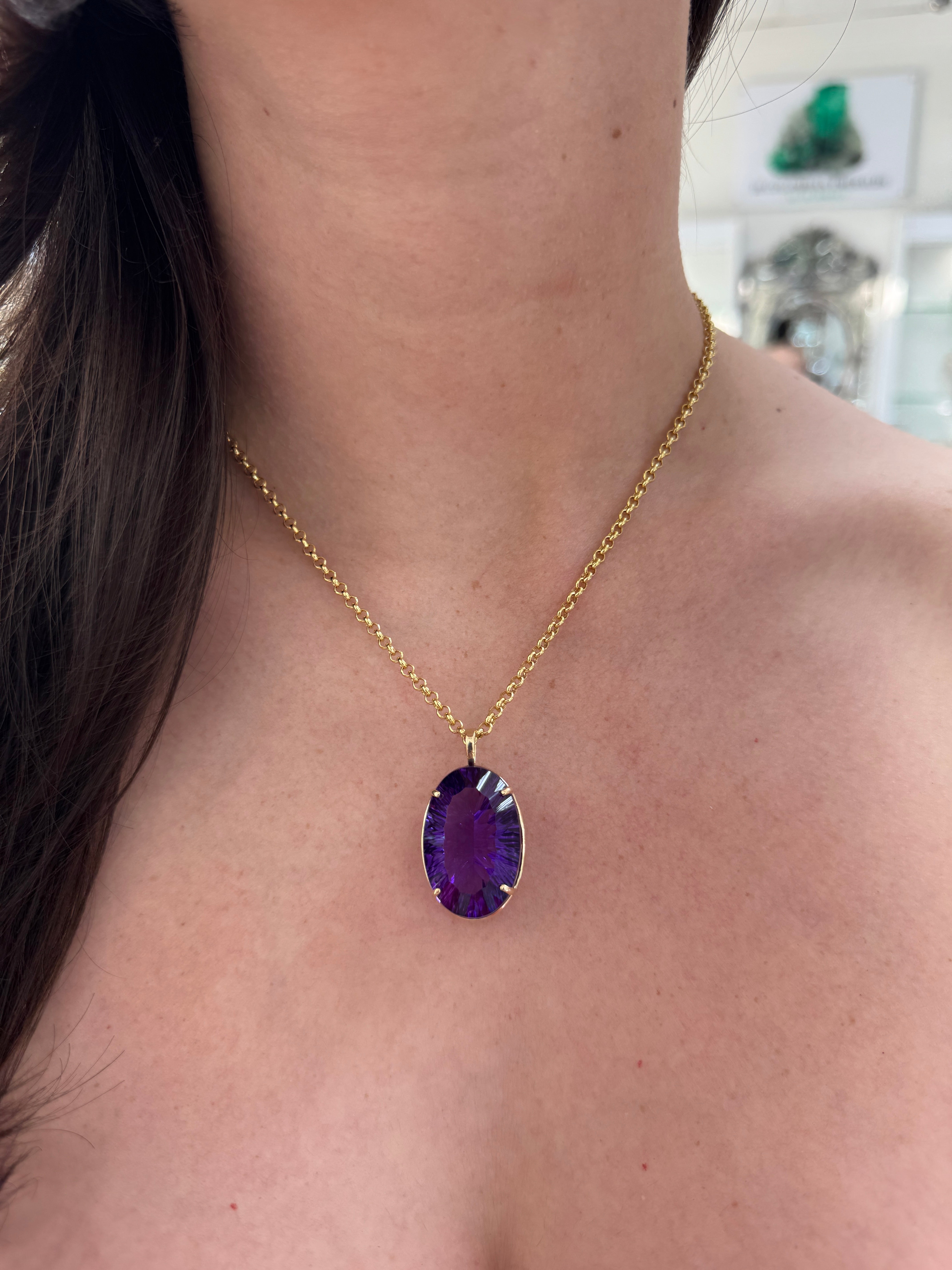 39.10 Carat Oval Crisscut Amethyst Pendant Deep Purple Statement Gemstone In Fine Gold Setting