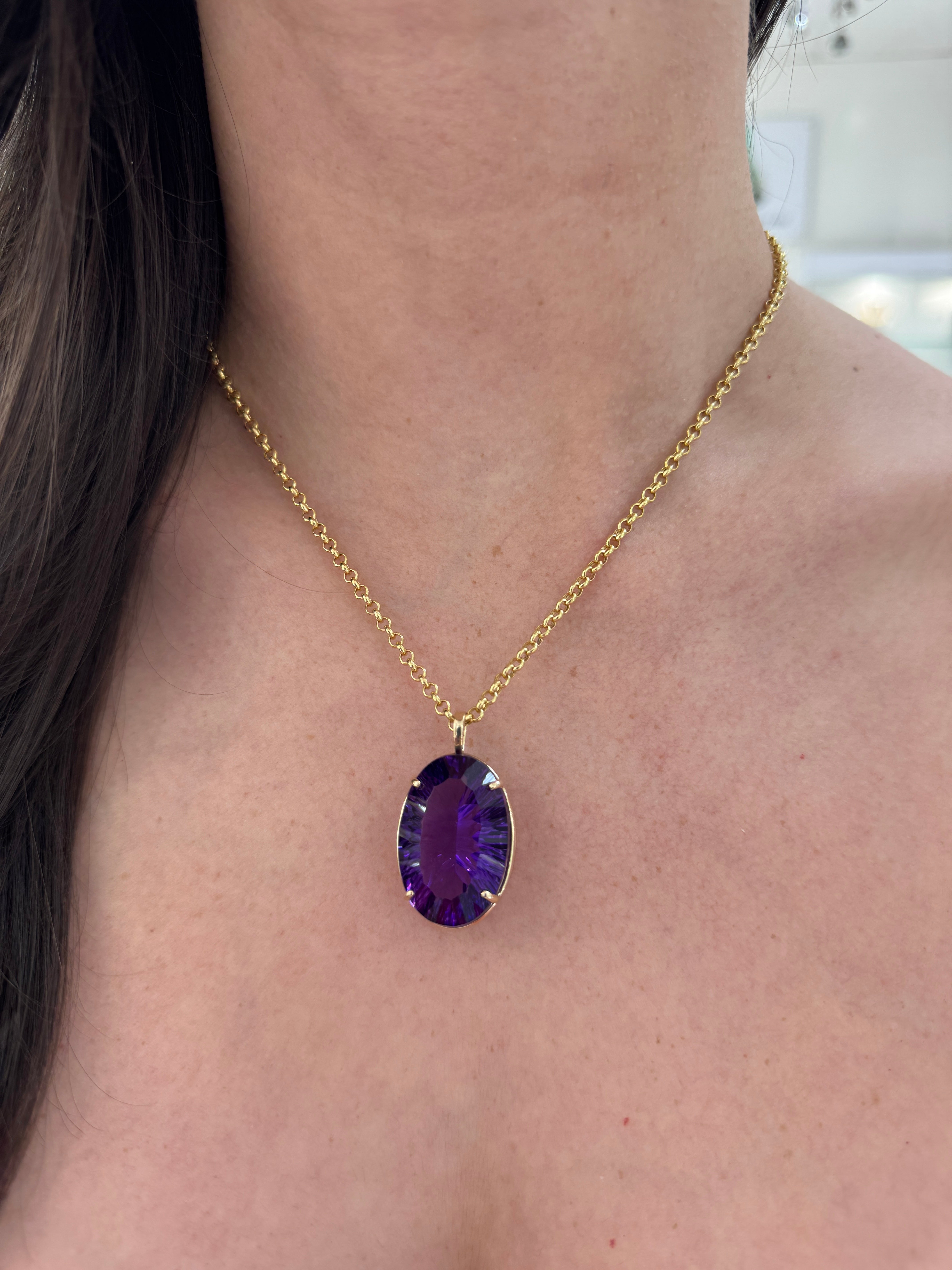 39.10 Carat Oval Crisscut Amethyst Pendant Deep Purple Statement Gemstone In Fine Gold Setting