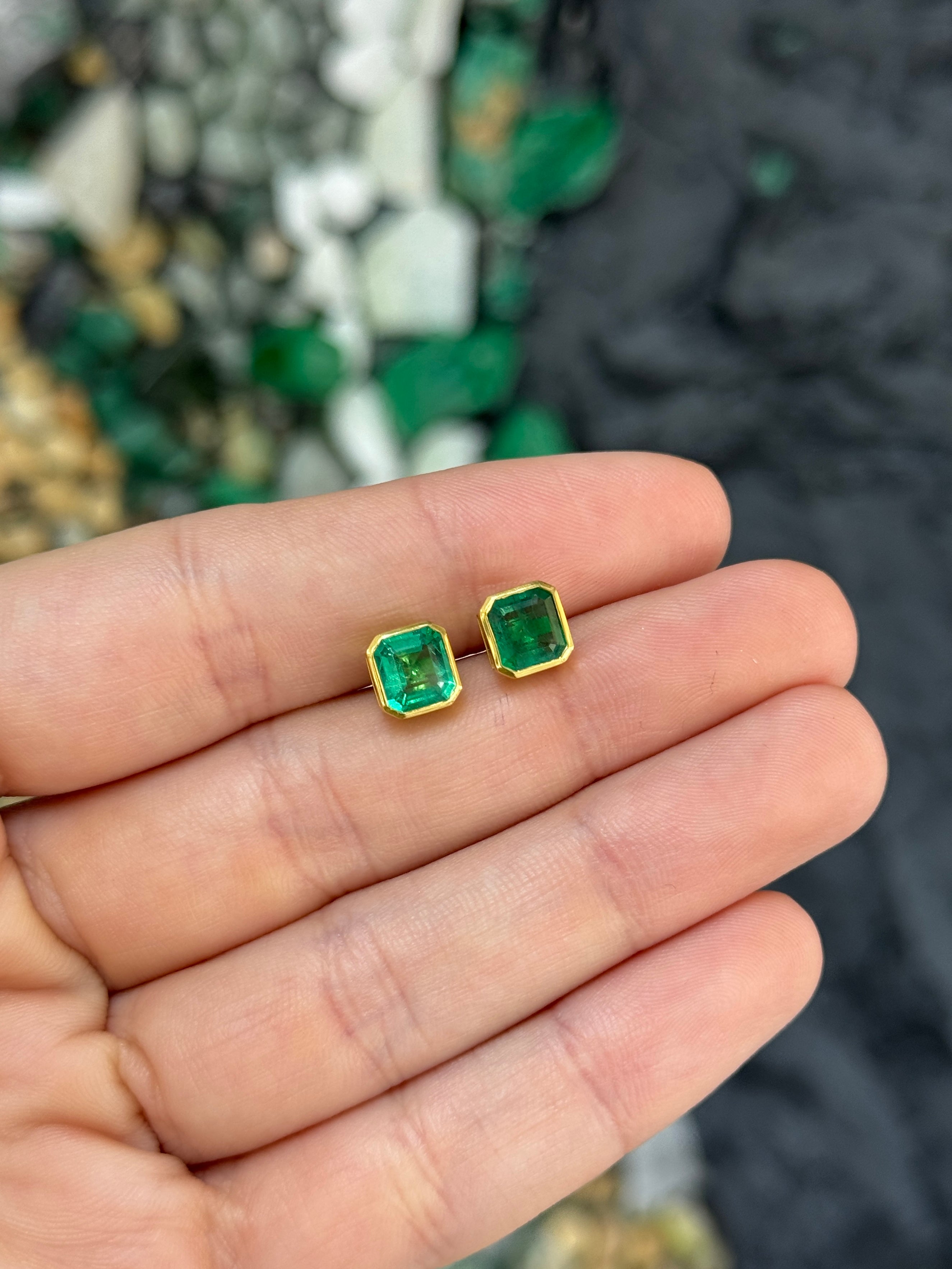 2.23tcw Classic Bezel Set Asscher Emerald Earrings 18K