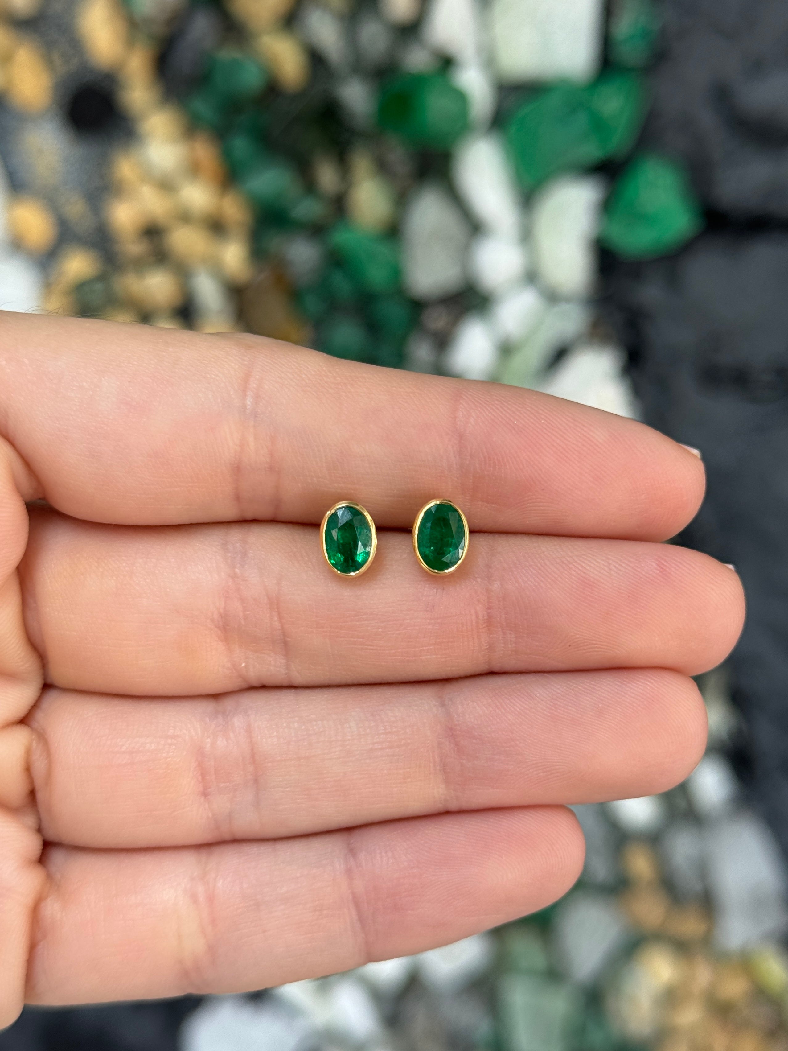 1.45tcw Vivid Green Oval Bezel Set Emerald Studs 18K