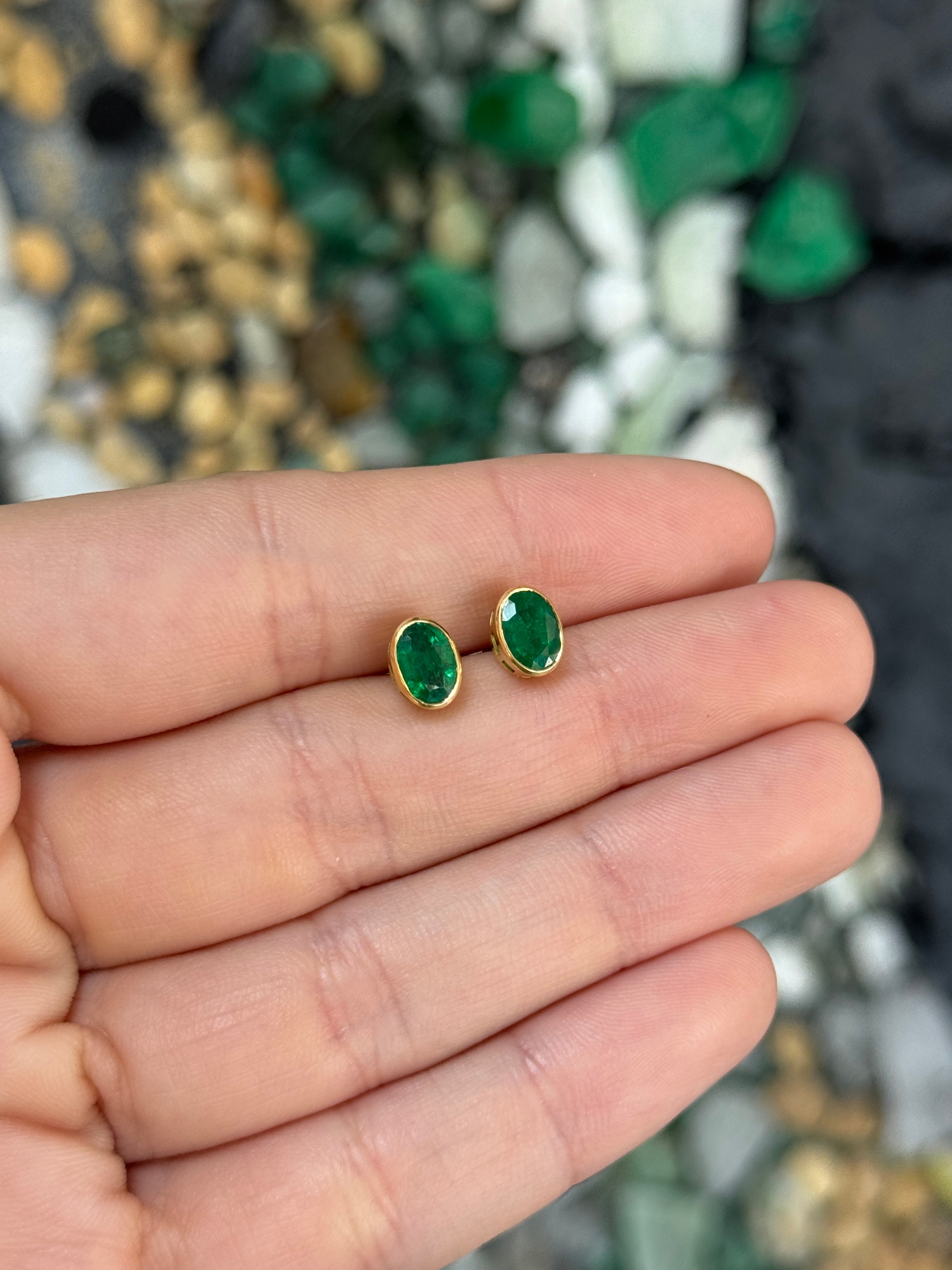 1.45tcw Vivid Green Oval Bezel Set Emerald Studs 18K
