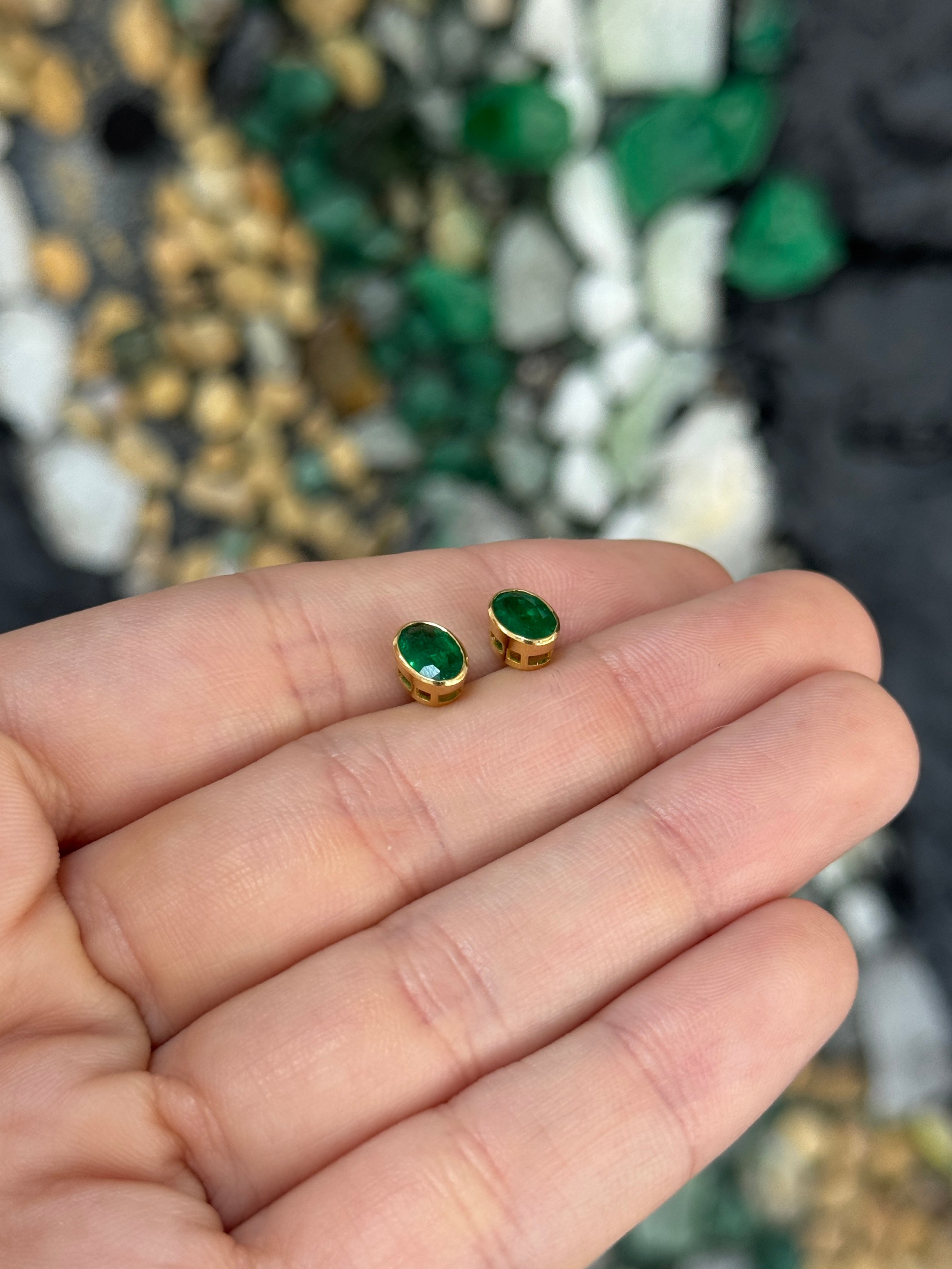 1.45tcw Vivid Green Oval Bezel Set Emerald Studs 18K