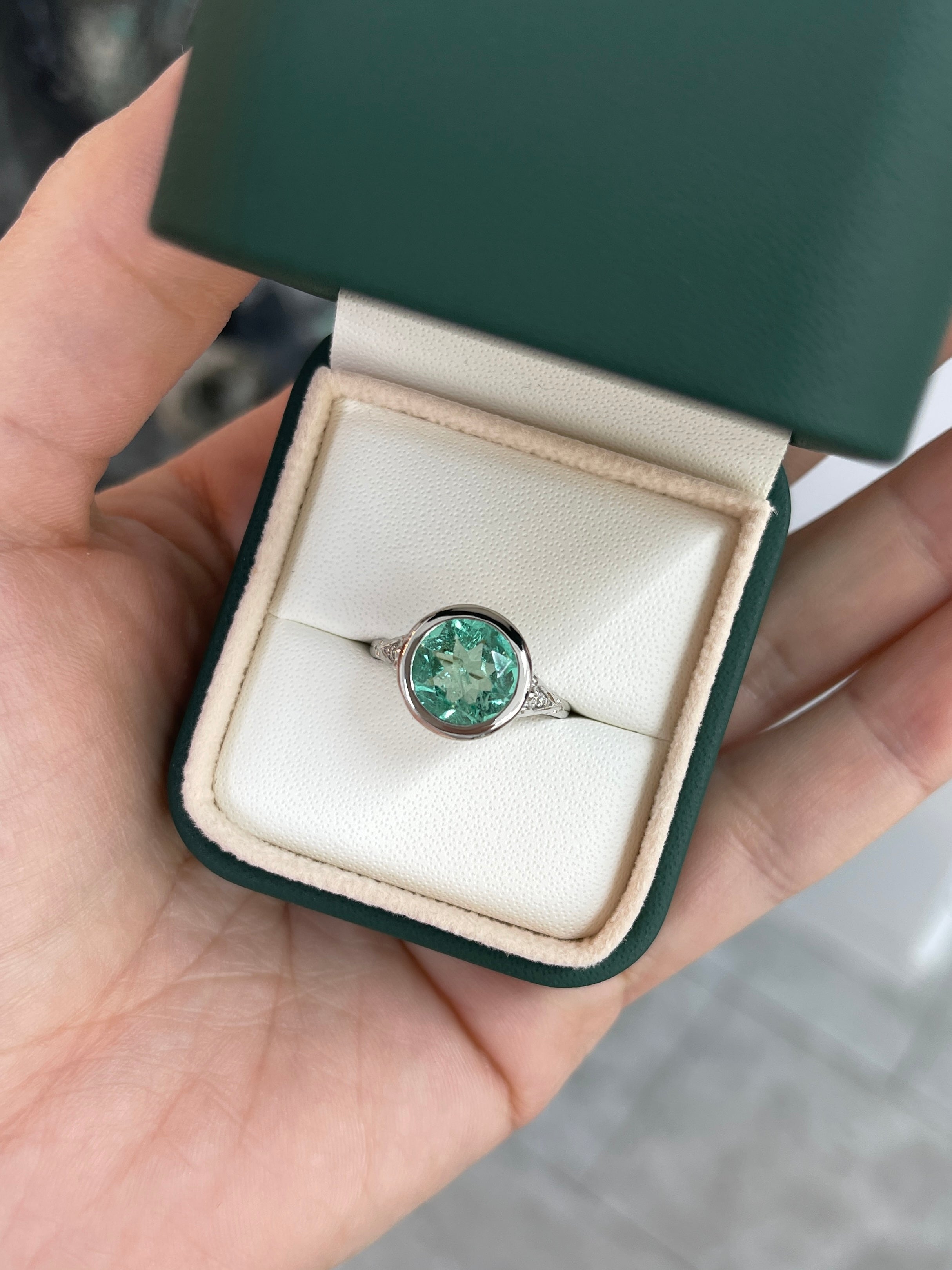 IG Exclusive 2.53 Carat Round Colombian Emerald Vintage Bezel Set Solitaire with Diamond Ring 14K White - JR Colombian Emeralds