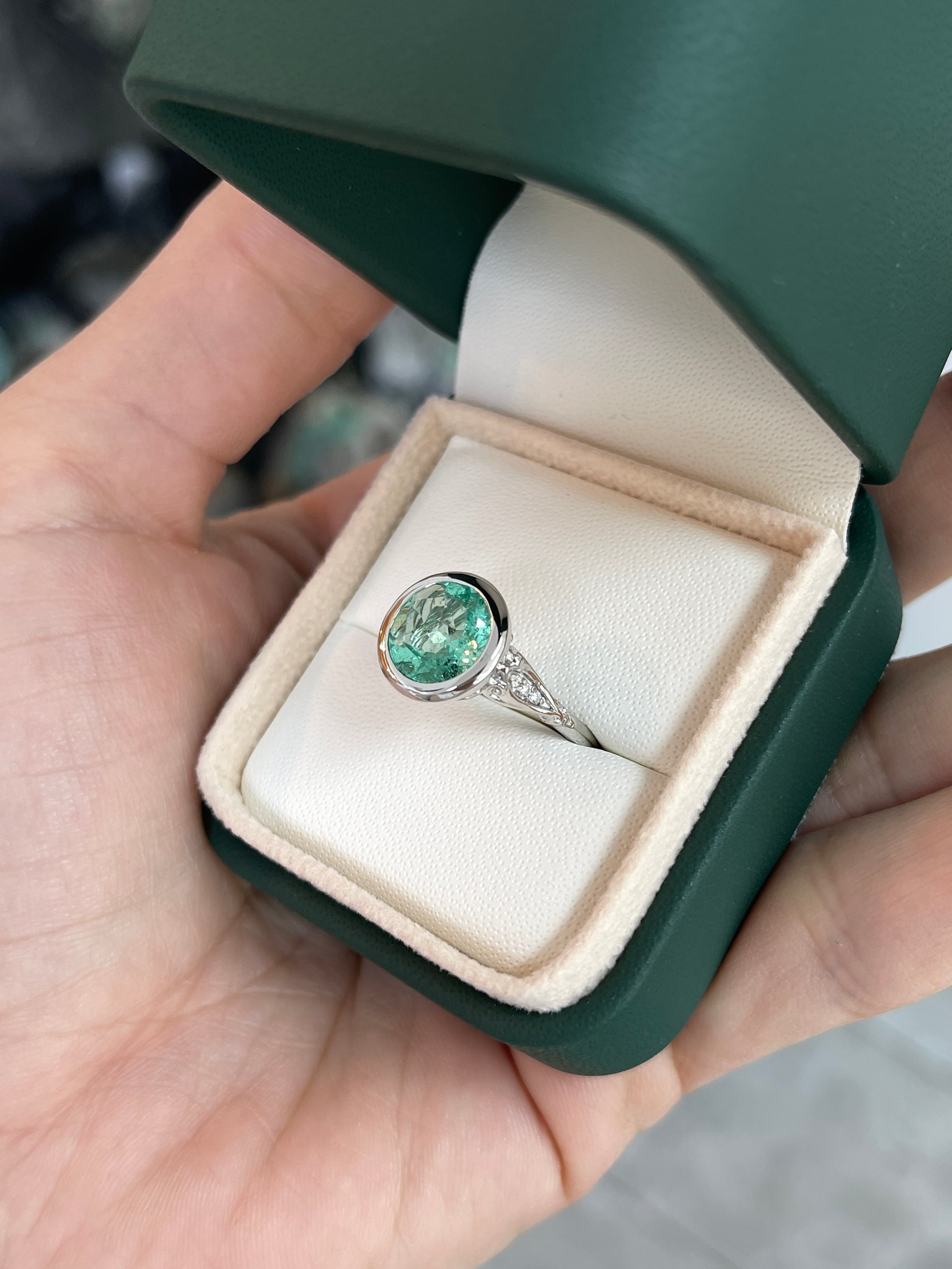 IG Exclusive 2.53 Carat Round Colombian Emerald Vintage Bezel Set Solitaire with Diamond Ring 14K White - JR Colombian Emeralds