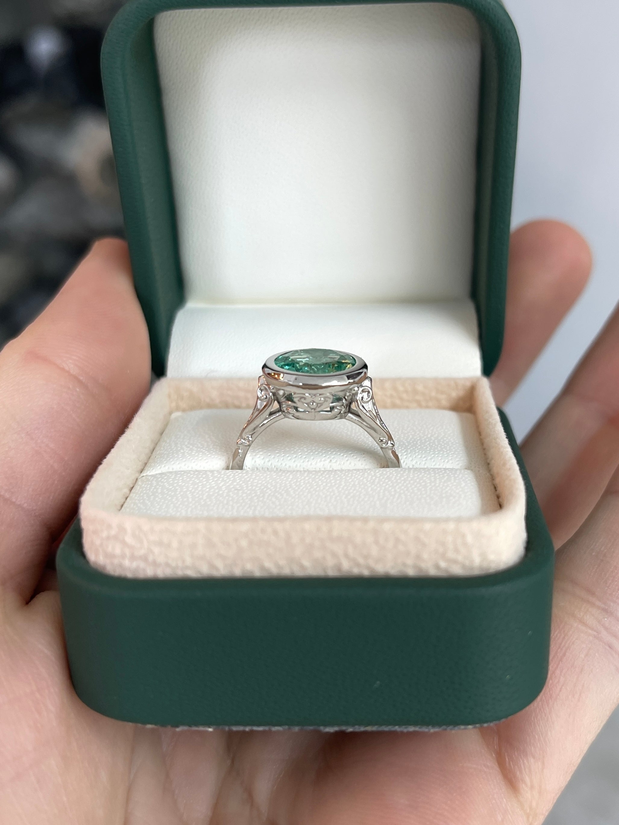 IG Exclusive 2.53 Carat Round Colombian Emerald Vintage Bezel Set Solitaire with Diamond Ring 14K White - JR Colombian Emeralds