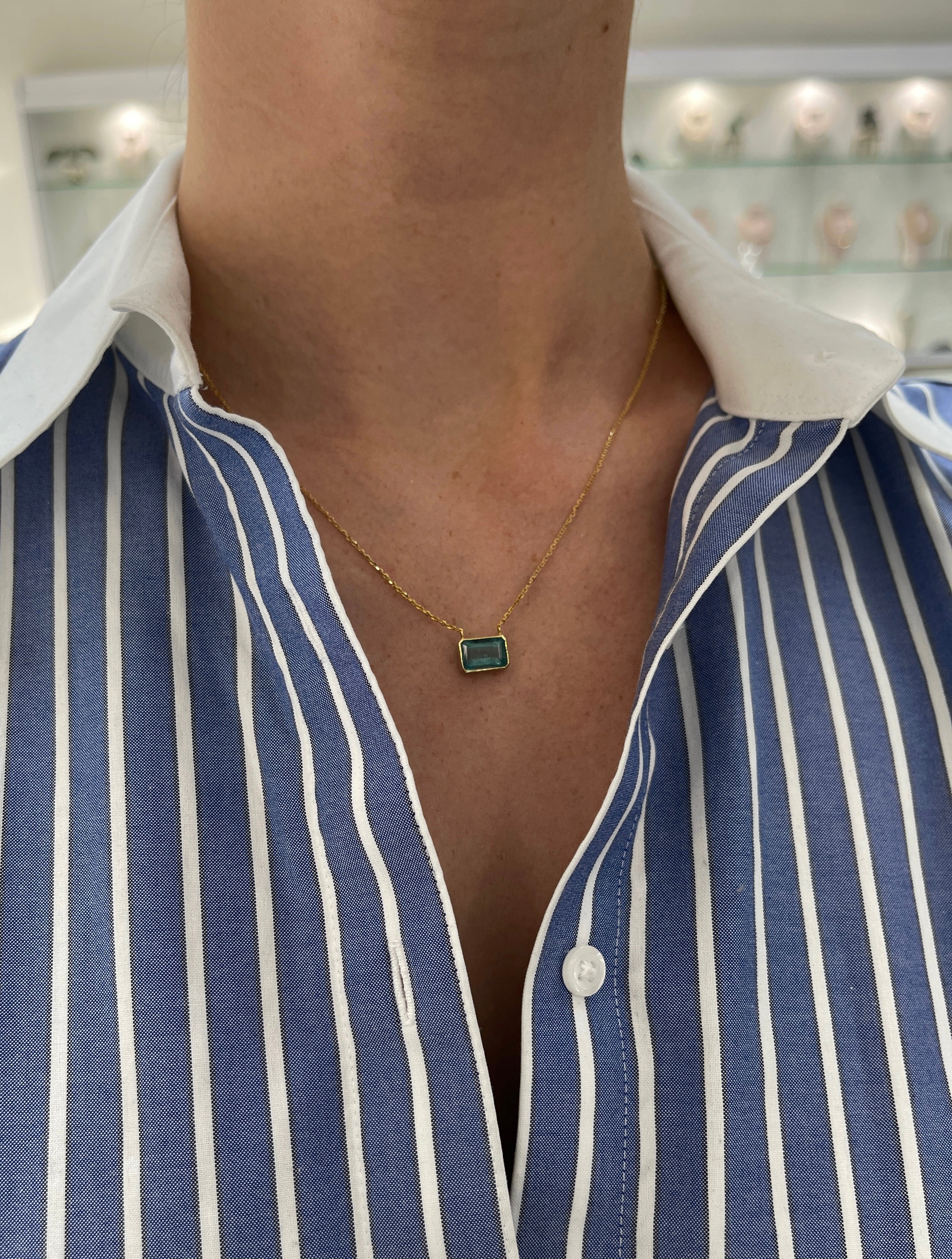 2.75ct Bluish Natural Emerald Bezel Set Solitaire Necklace 14K - JR Colombian Emeralds