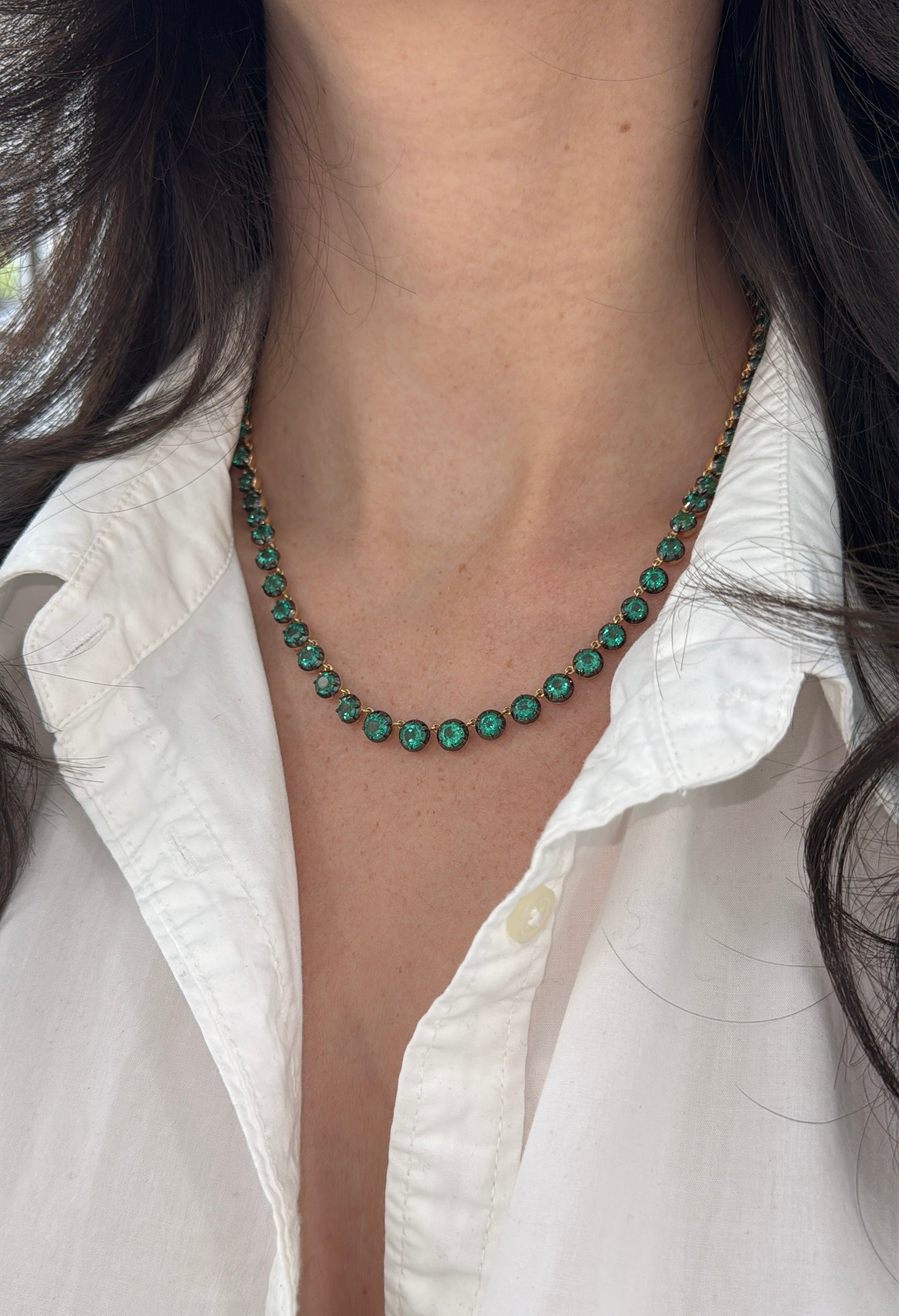20.05tcw Georgian Natural Emerald Tennis Necklace 18" 14K Gold