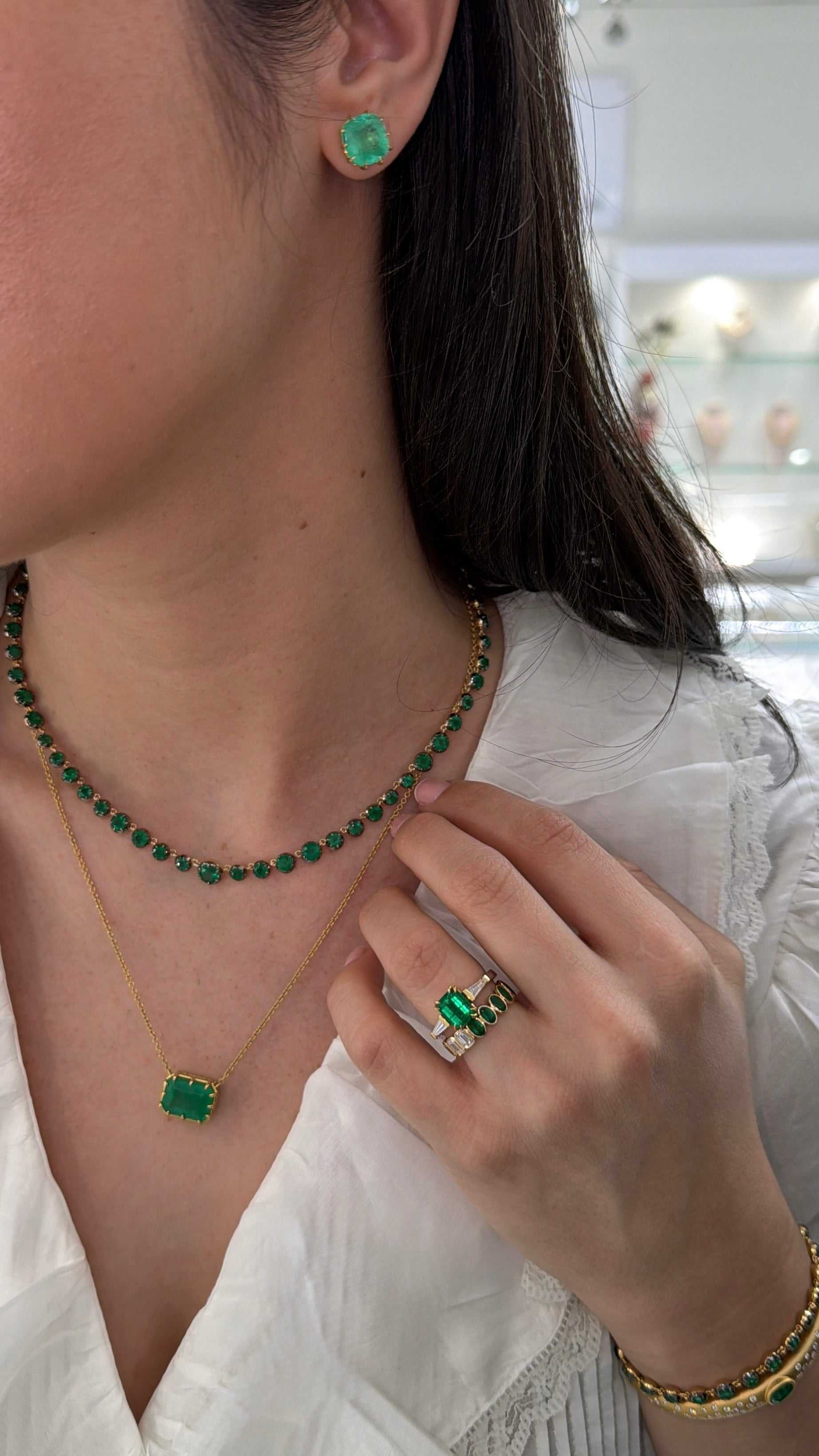 15.38tcw Round Emerald Button Back Tennis Necklace 14K