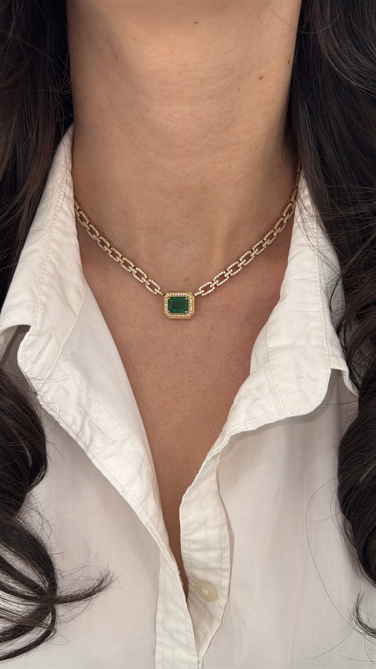 7.61tcw 18K Emerald & Diamond Halo Paperclip Link Necklace in Yellow Gold