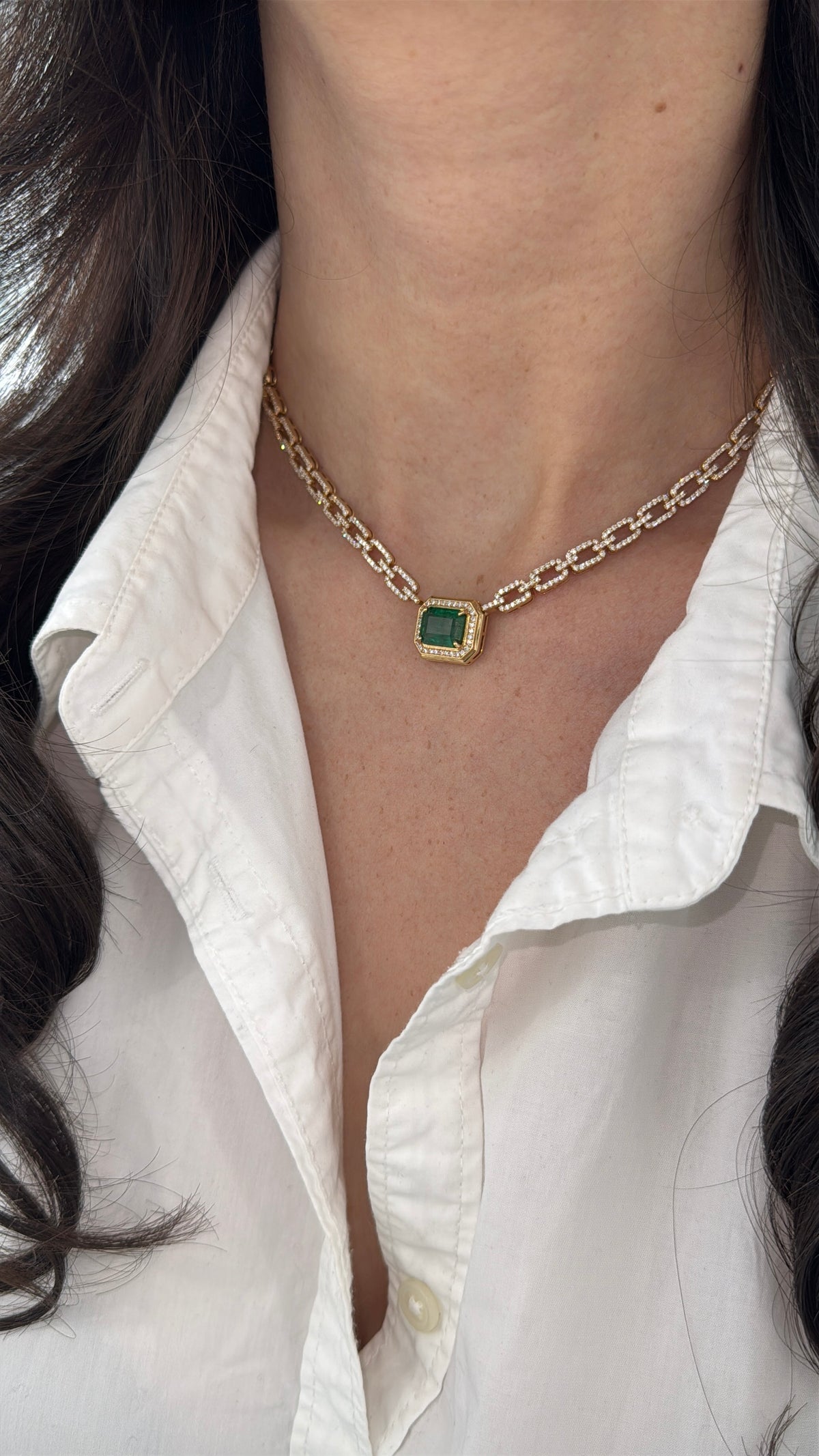 7.61tcw 18K Emerald & Diamond Halo Paperclip Link Necklace in Yellow Gold