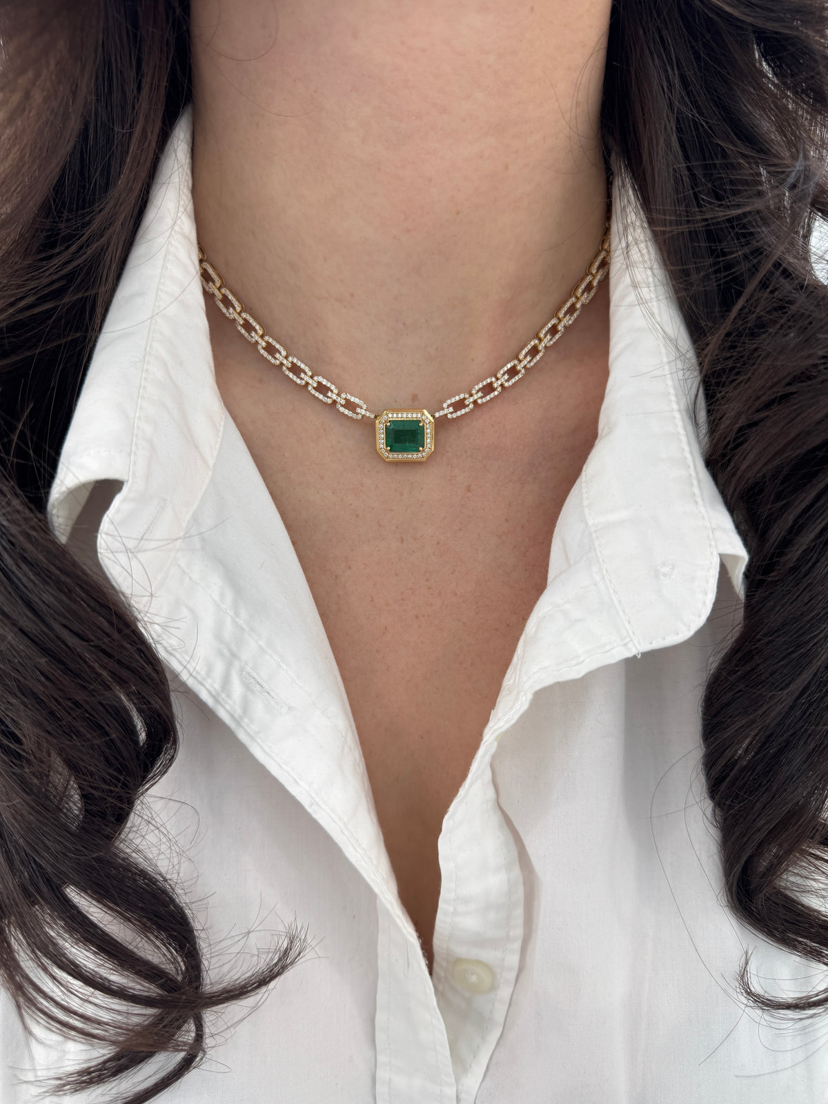 7.61tcw 18K Emerald & Diamond Halo Paperclip Link Necklace in Yellow Gold