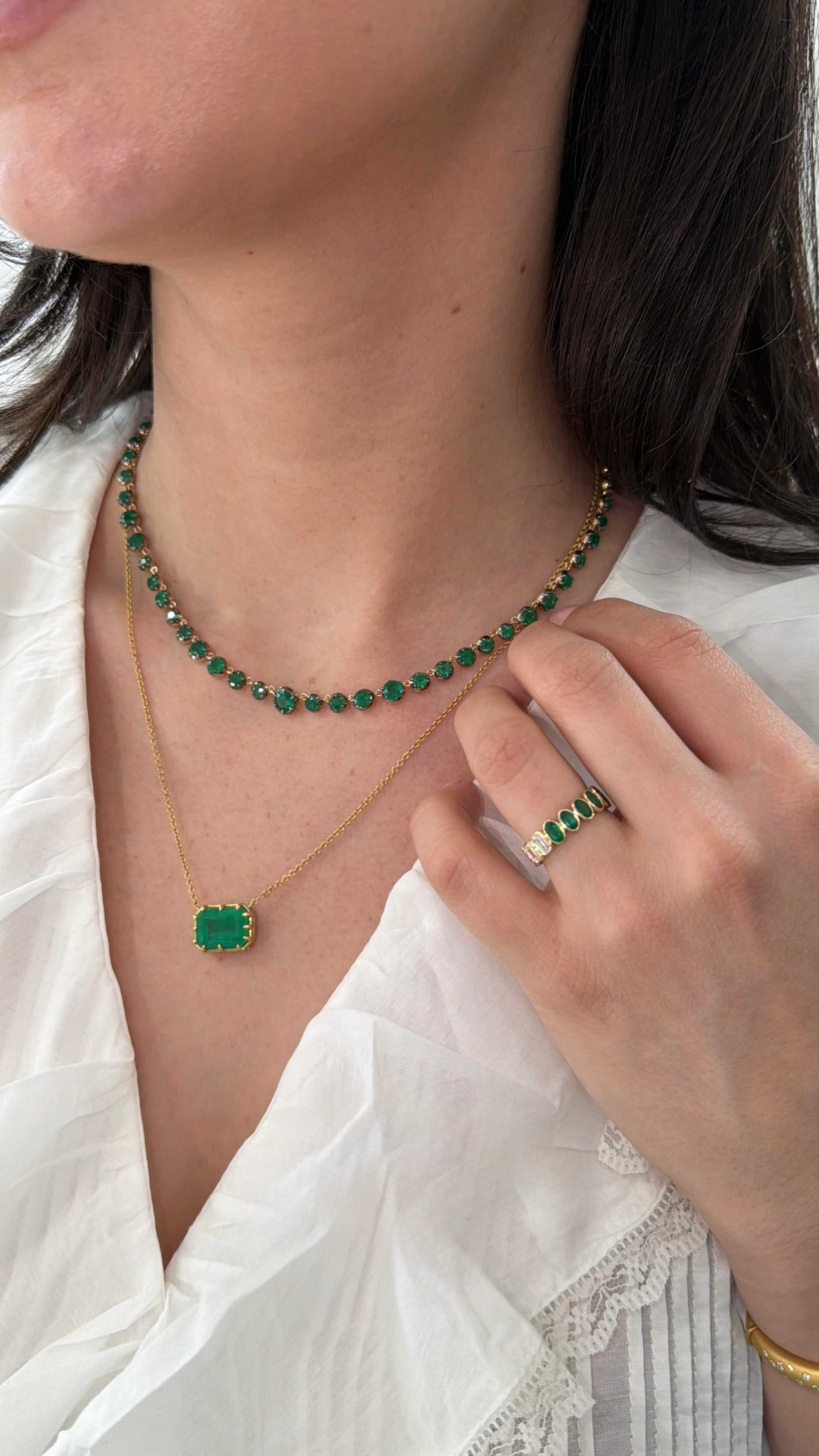 15.38tcw Round Emerald Button Back Tennis Necklace 14K