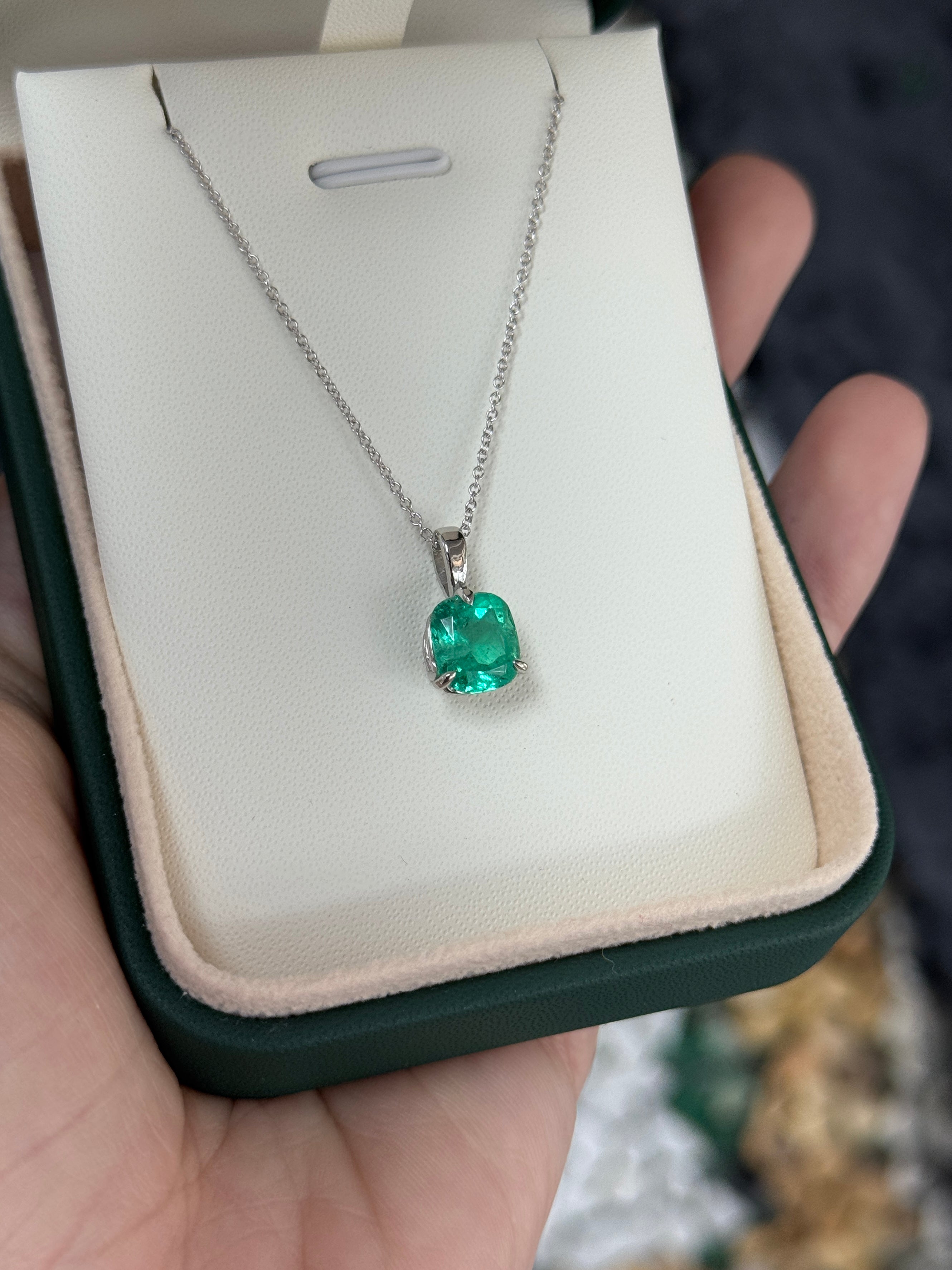 2.51 Carat Platinum Cushion Colombian Emerald Solitaire Necklace