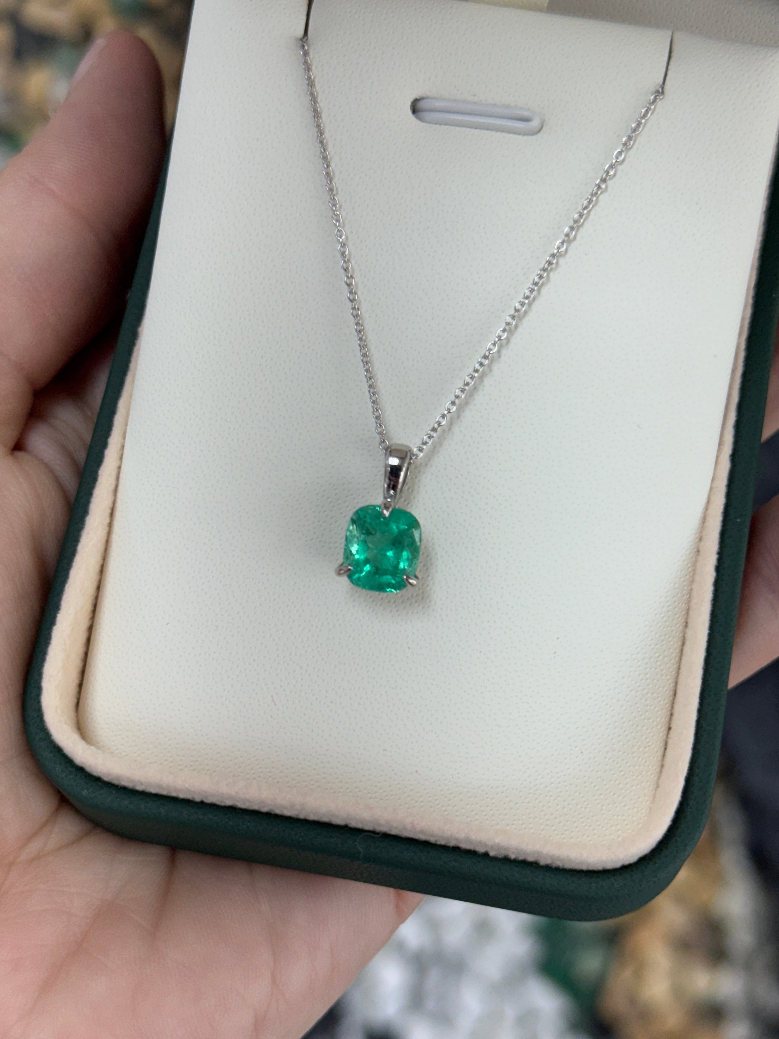 2.51 Carat Platinum Cushion Colombian Emerald Solitaire Necklace