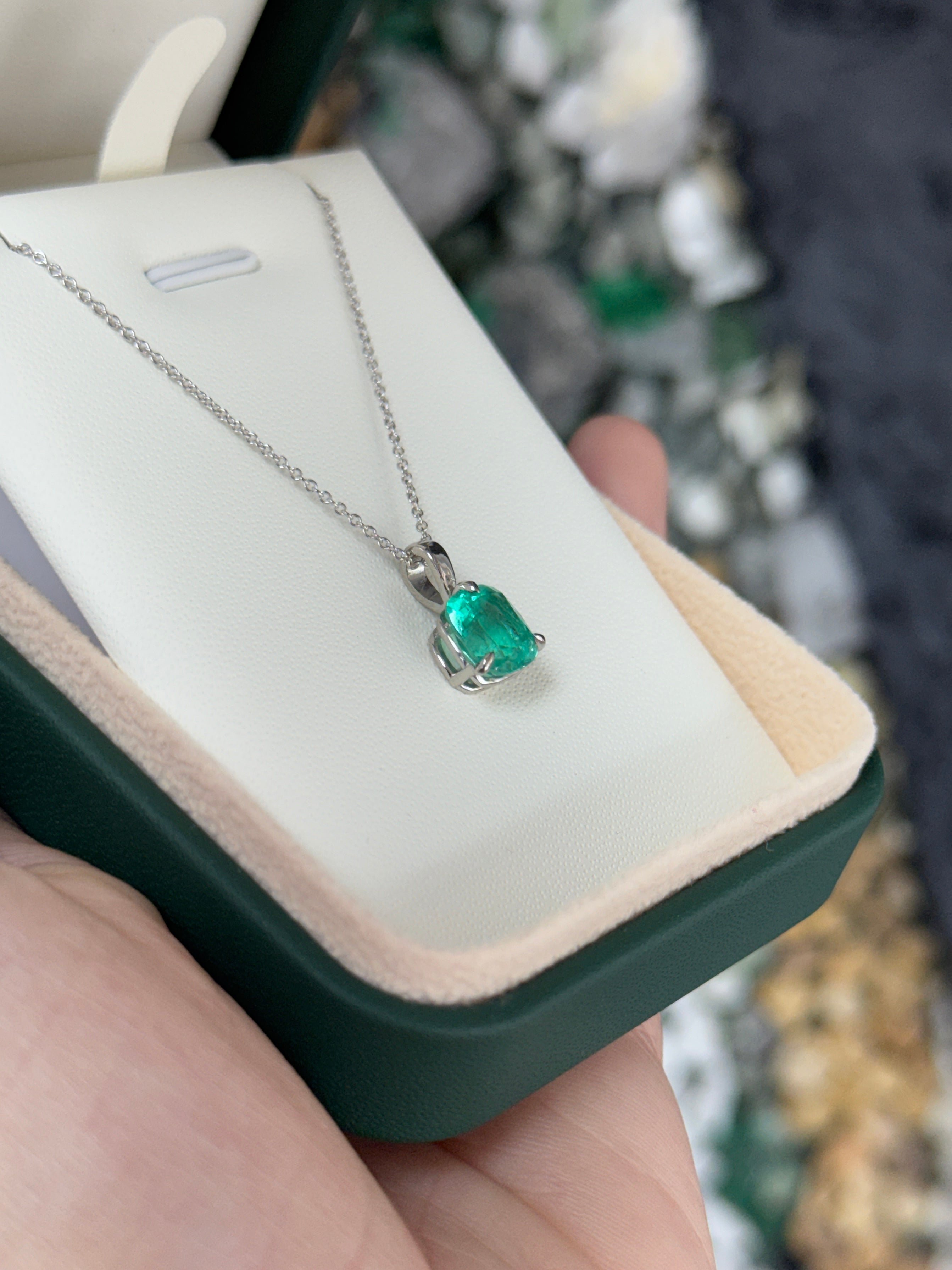 2.51 Carat Platinum Cushion Colombian Emerald Solitaire Necklace