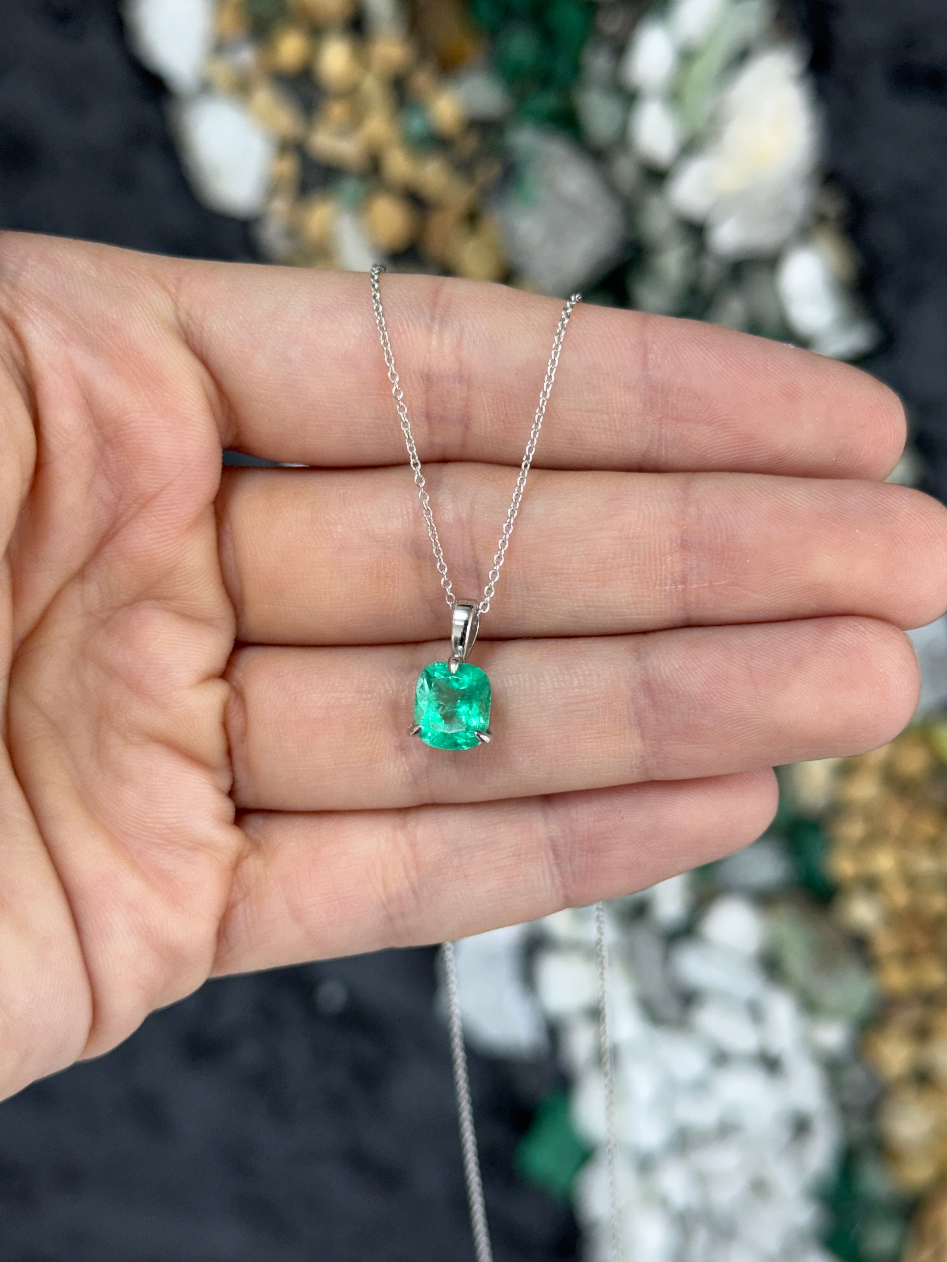 2.51 Carat Platinum Cushion Colombian Emerald Solitaire Necklace