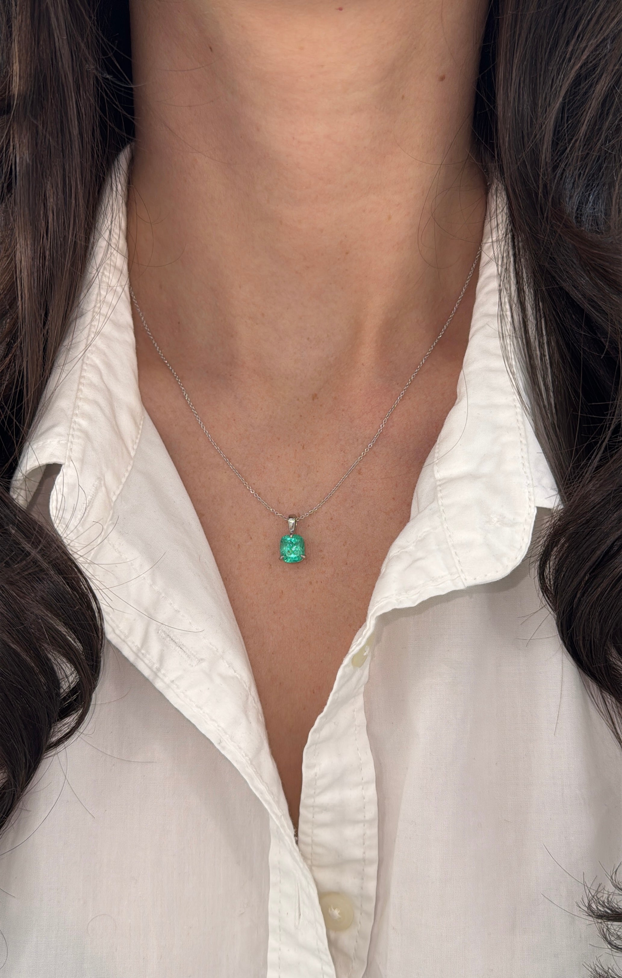 2.51 Carat Platinum Cushion Colombian Emerald Solitaire Necklace
