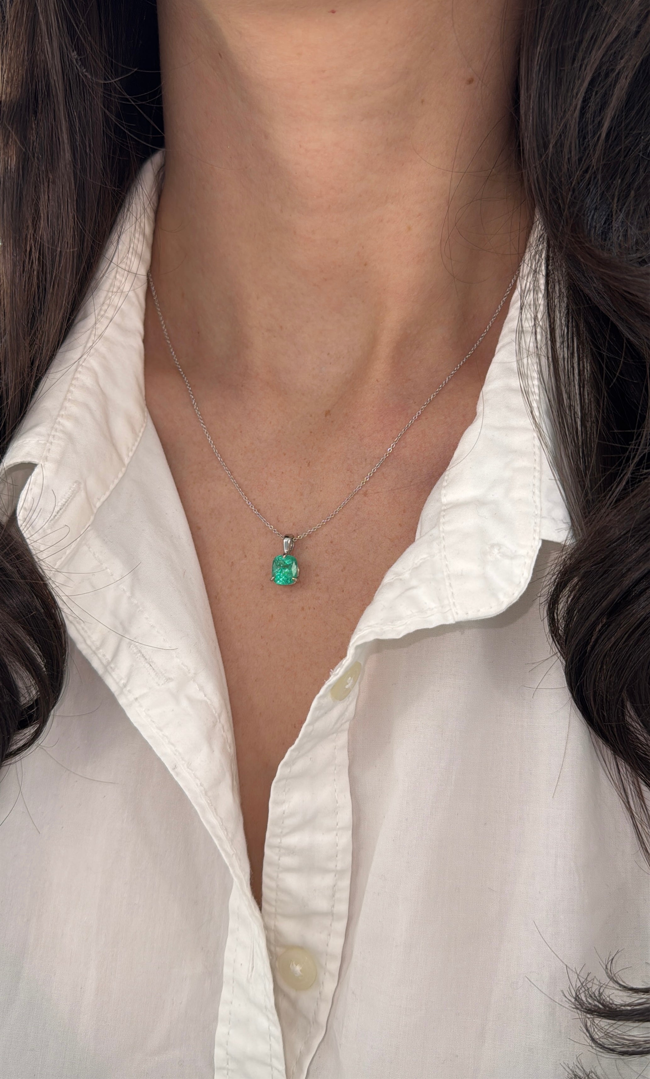 2.51 Carat Platinum Cushion Colombian Emerald Solitaire Necklace
