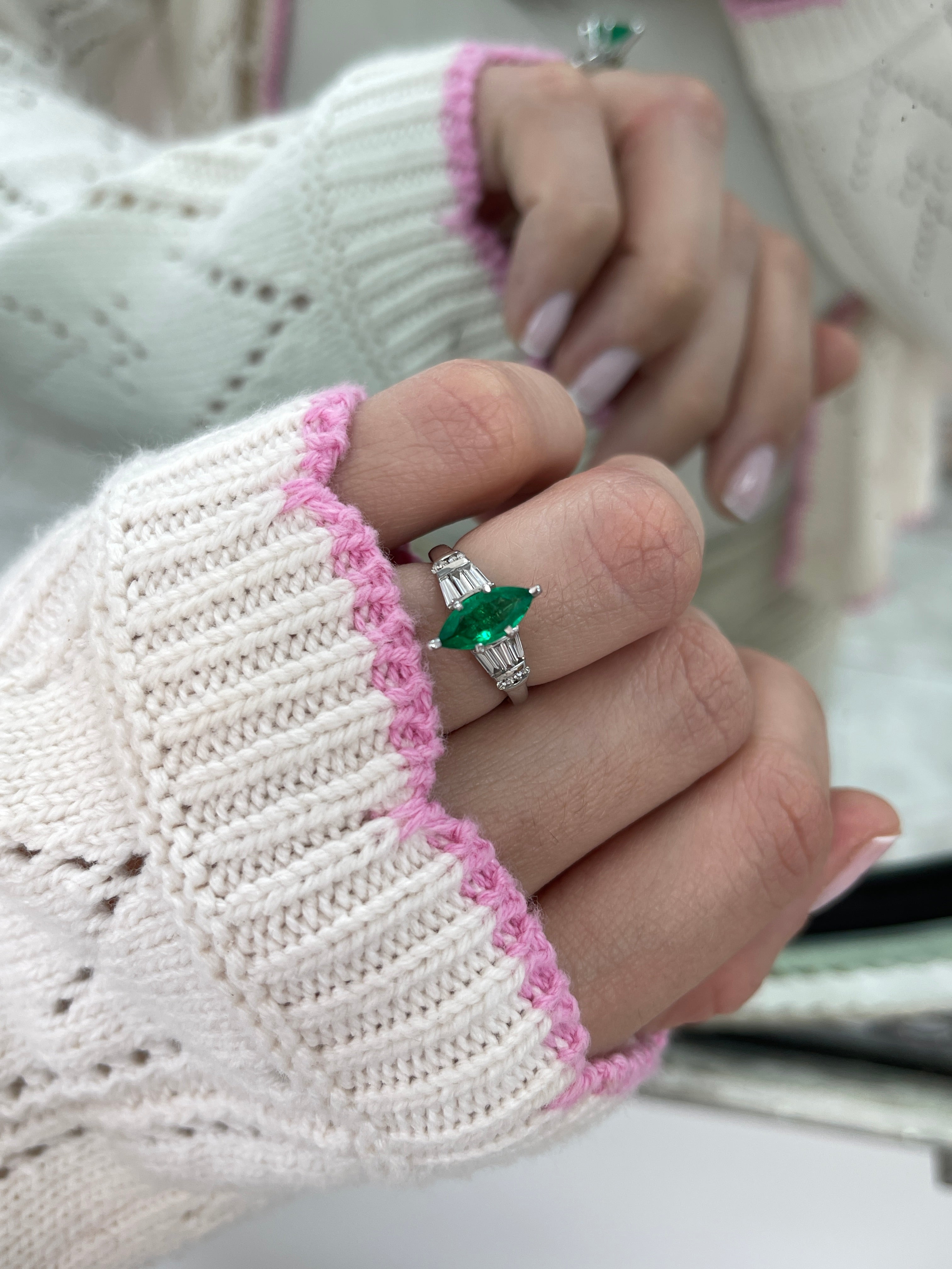 1.15tcw 14K Colombian Emerald Marquise Cut & Tapered Baguette Diamond Ring