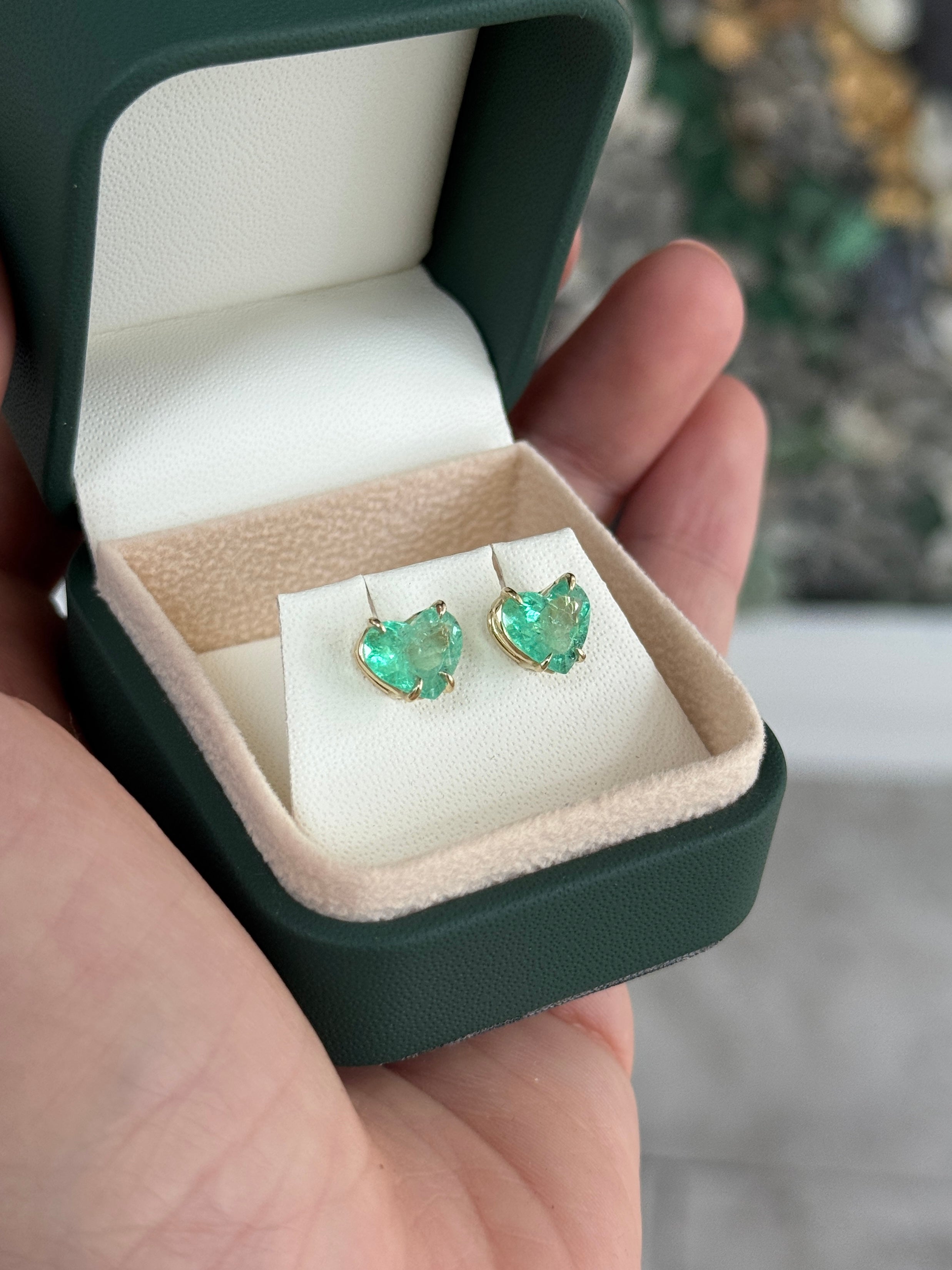 3.24tcw Matching Pair Green Natural Colombian Emerald Hearts Stud Earrings 14K - JR Colombian Emeralds