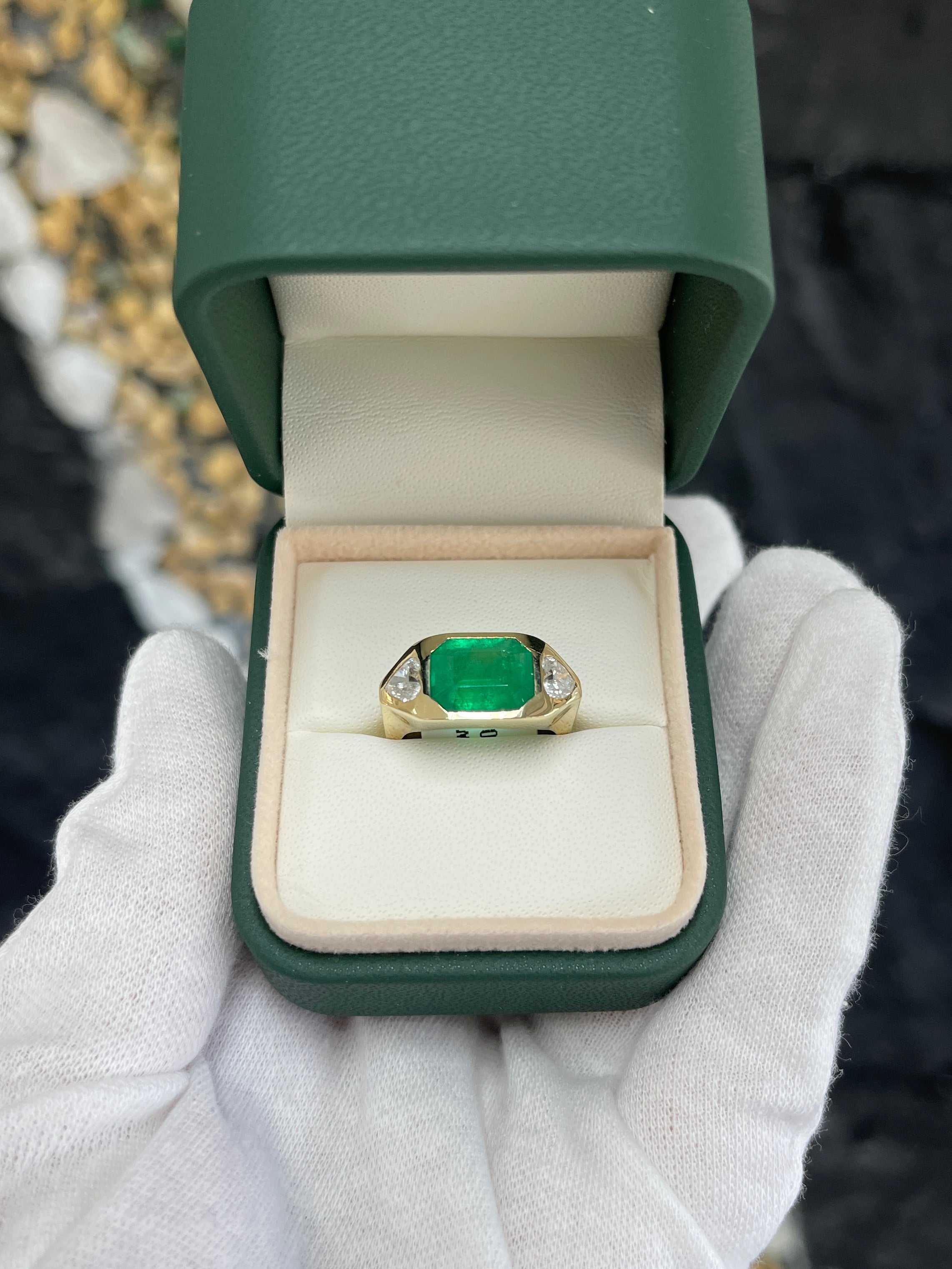 Heirloom 4.29tcw 18K 3 Stone Emerald & Heart Cut Diamond Bold Gypsy Ring - JR Colombian Emeralds
