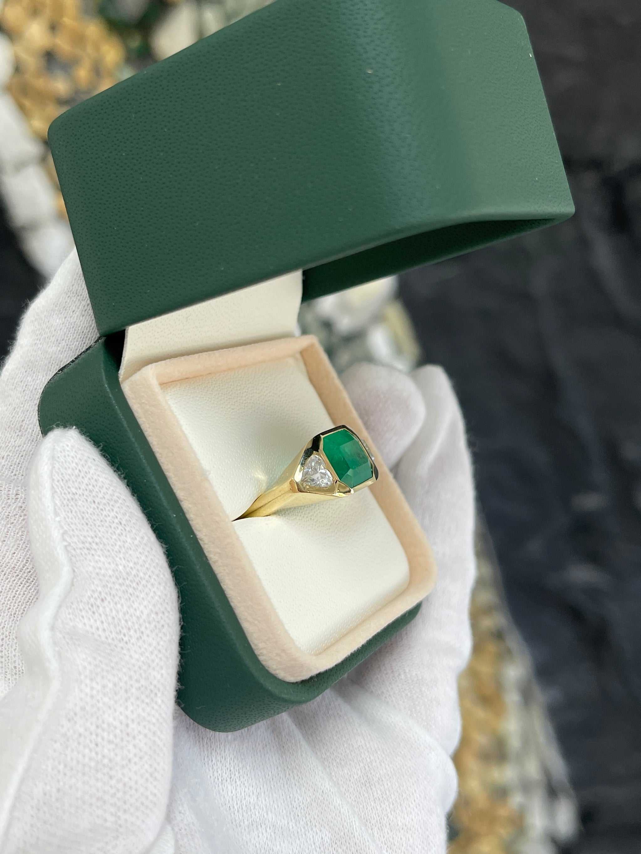Heirloom 4.29tcw 18K 3 Stone Emerald & Heart Cut Diamond Bold Gypsy Ring - JR Colombian Emeralds