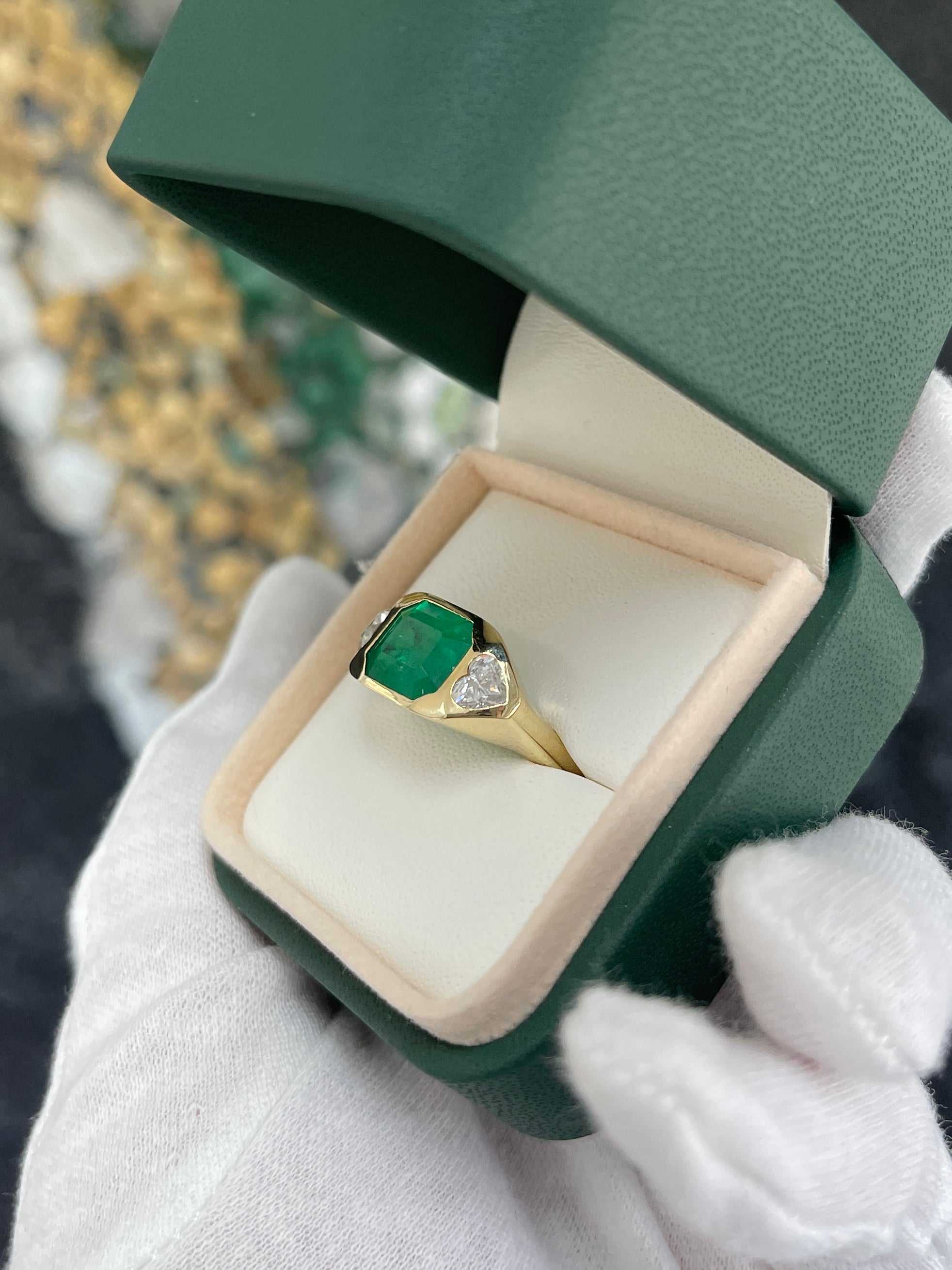 Heirloom 4.29tcw 18K 3 Stone Emerald & Heart Cut Diamond Bold Gypsy Ring - JR Colombian Emeralds