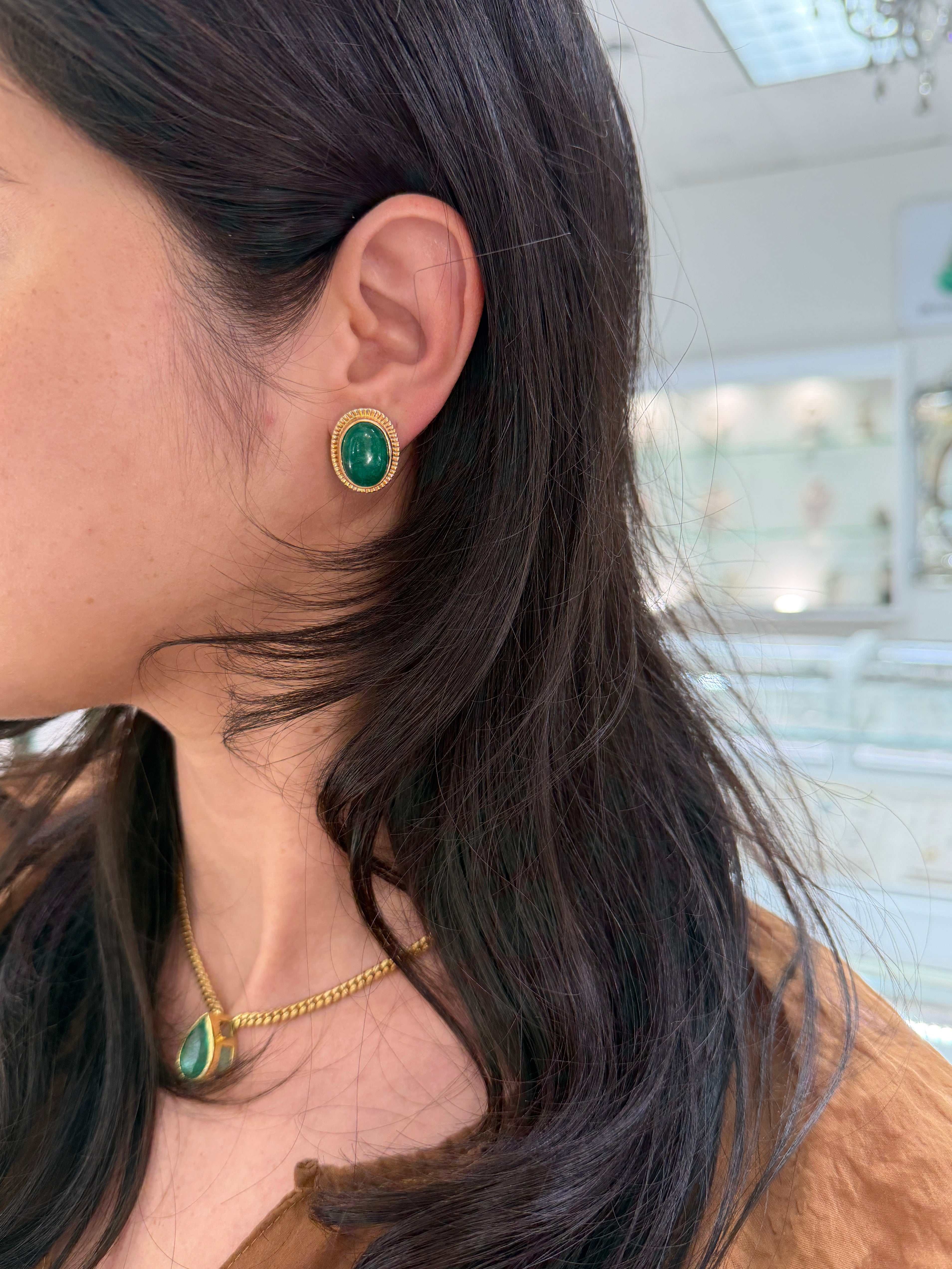 19.04tcw Large Jumbo Natural Emerald Cabochon Vintage Handmade Bezel Earrings 14K