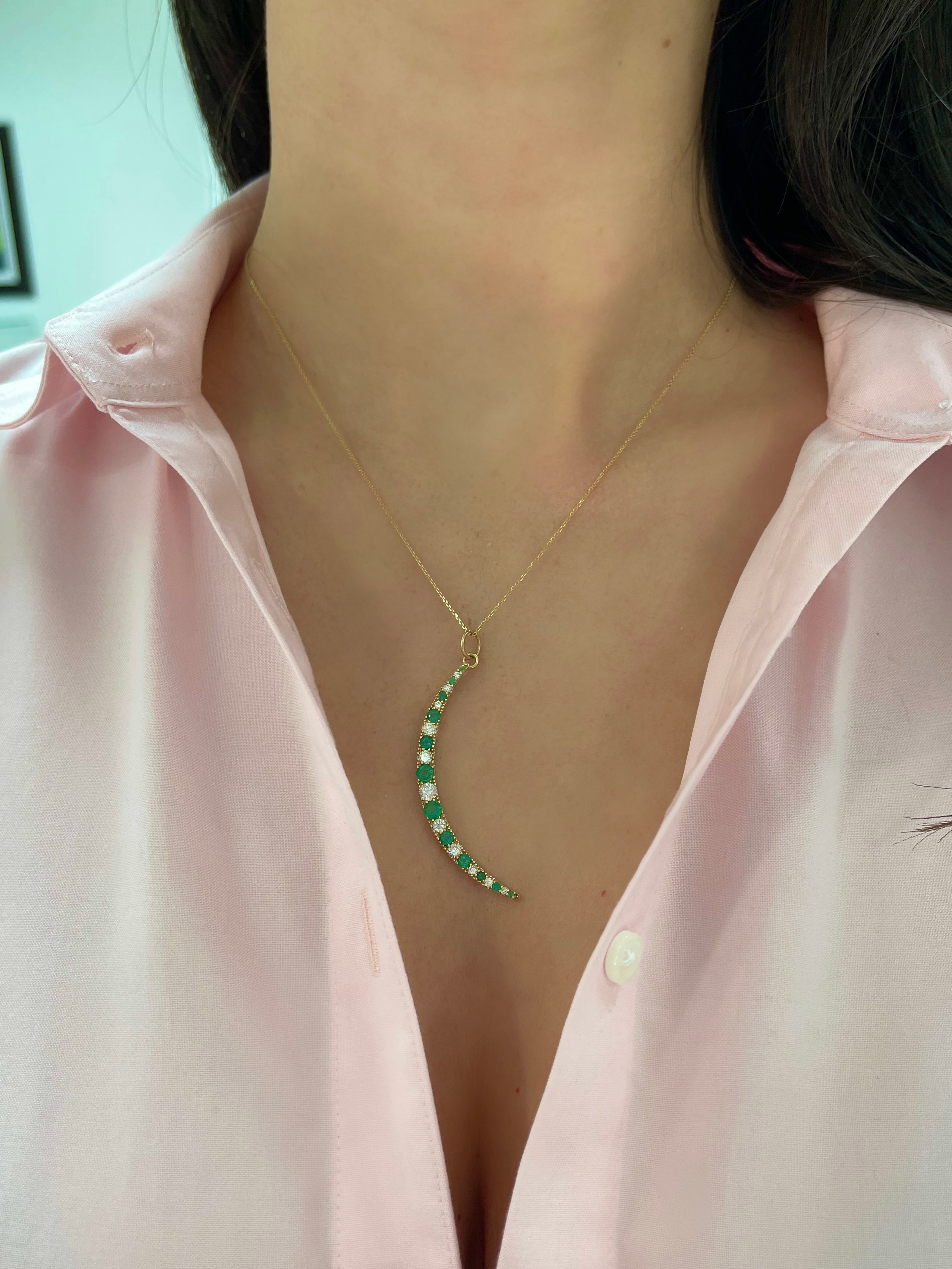 1.86tcw Emerald & Diamond Crescent Moon Pendant Charm 14K - JR Colombian Emeralds