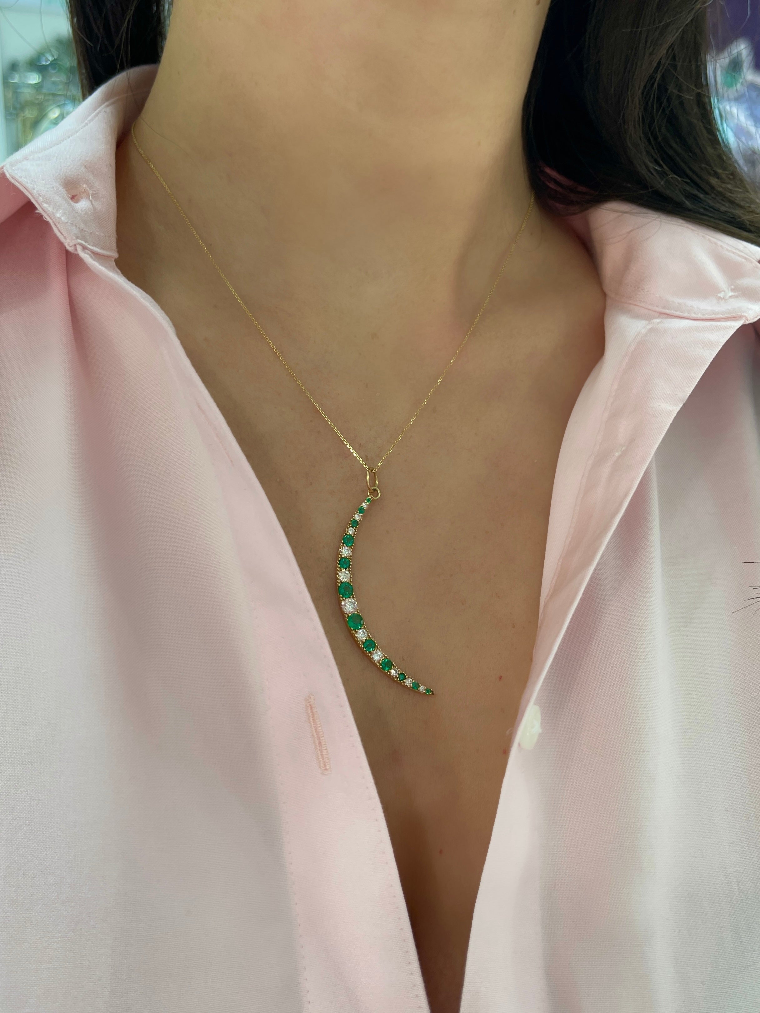 1.86tcw Emerald & Diamond Crescent Moon Pendant Charm 14K - JR Colombian Emeralds