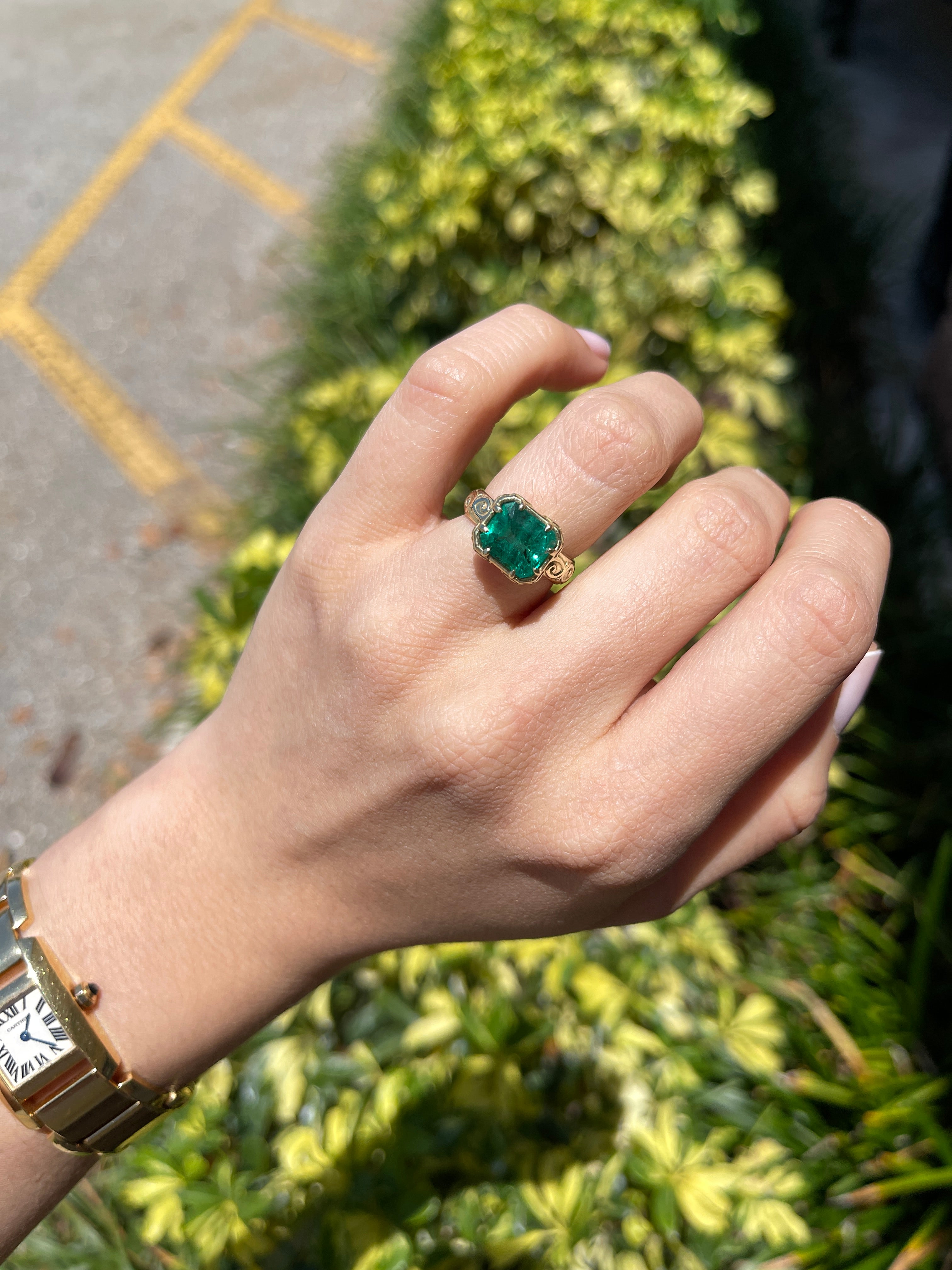 3.65ct 14K East To West Freckled Earth Mined Emerald Solitaire with Scroll/Etch Gold Work - JR Colombian Emeralds