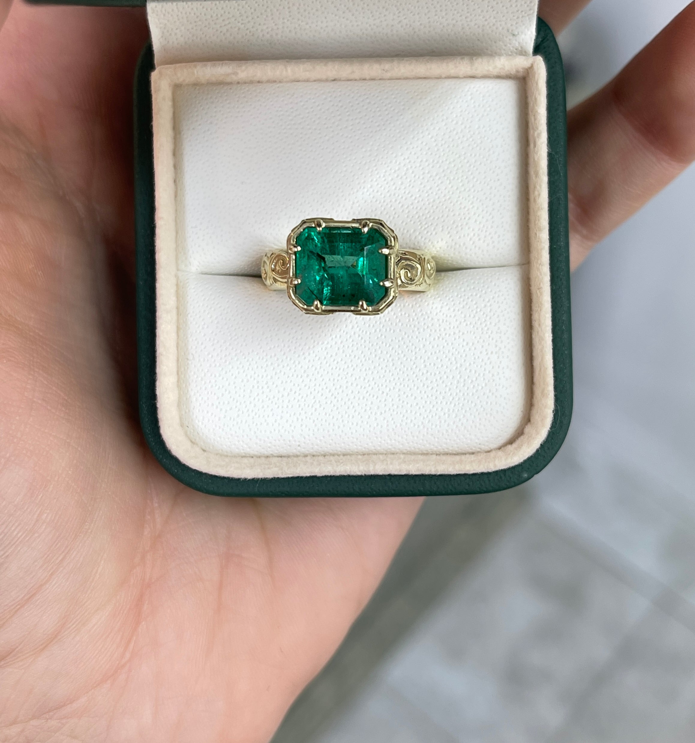 3.65ct 14K East To West Freckled Earth Mined Emerald Solitaire with Scroll/Etch Gold Work - JR Colombian Emeralds