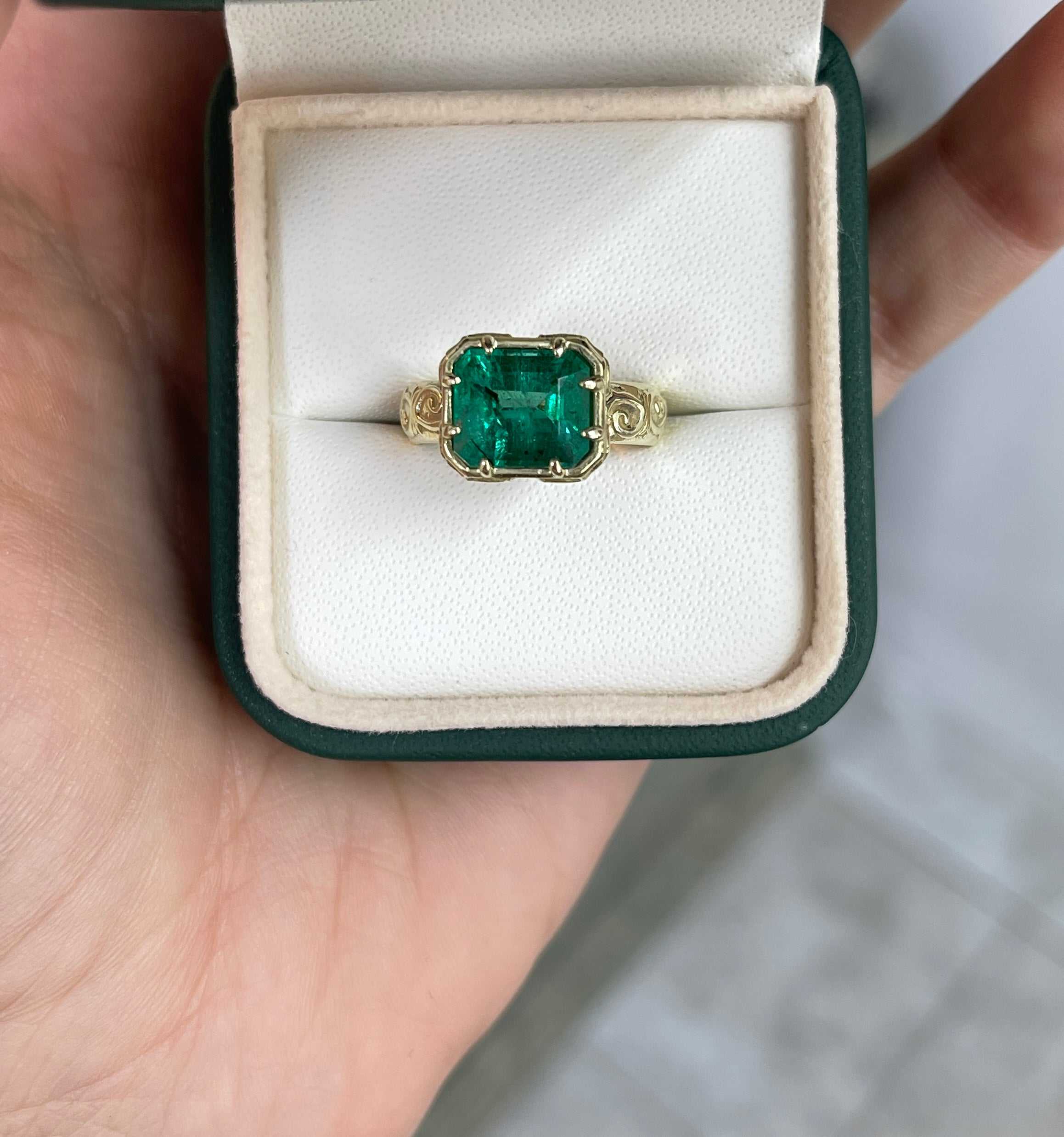 3.65ct 14K East To West Freckled Earth Mined Emerald Solitaire with Scroll/Etch Gold Work - JR Colombian Emeralds