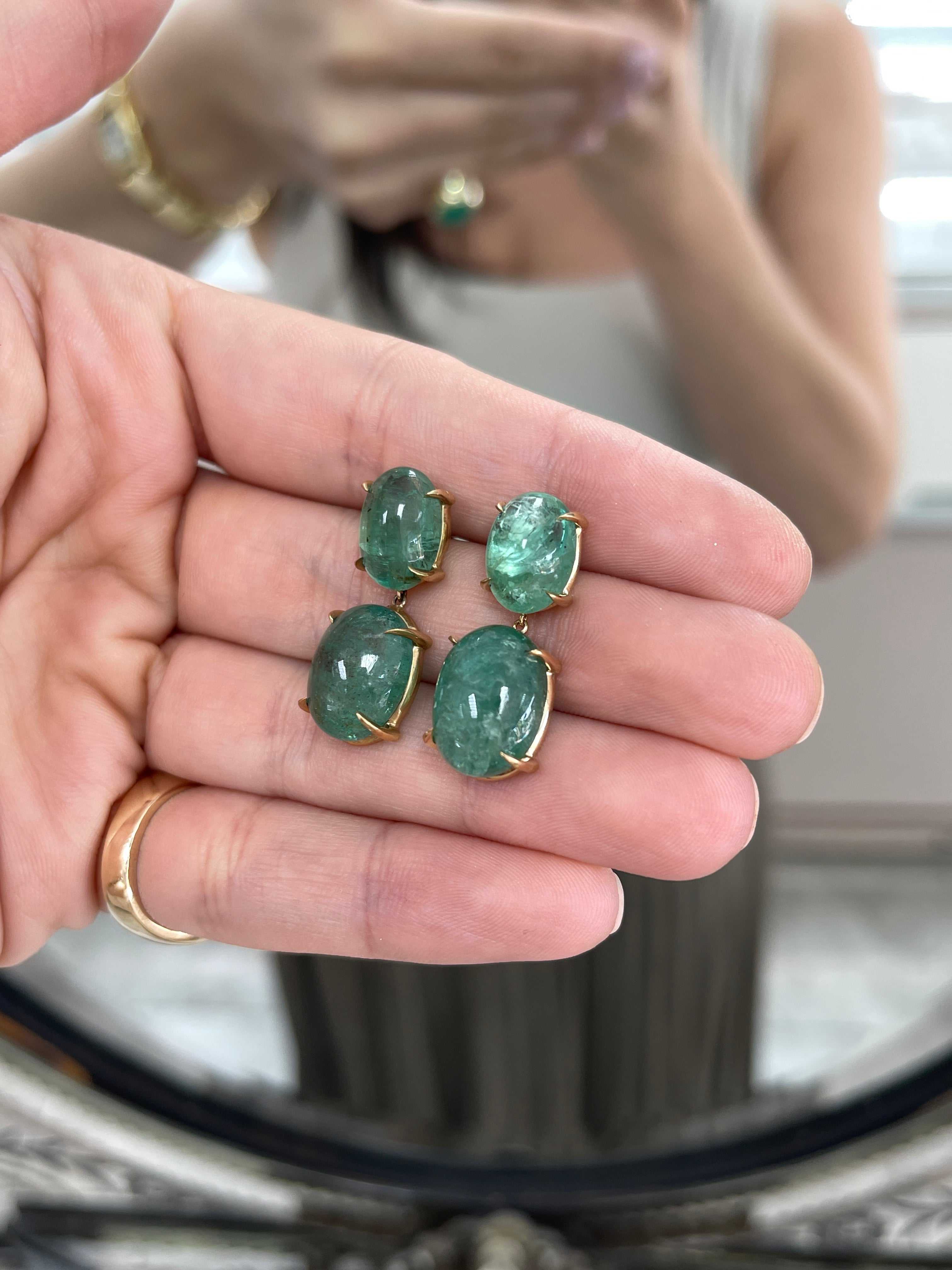 28.80tcw Large Heirloom Natural Cabochon Emerald Dangle Drop Earrings 14K