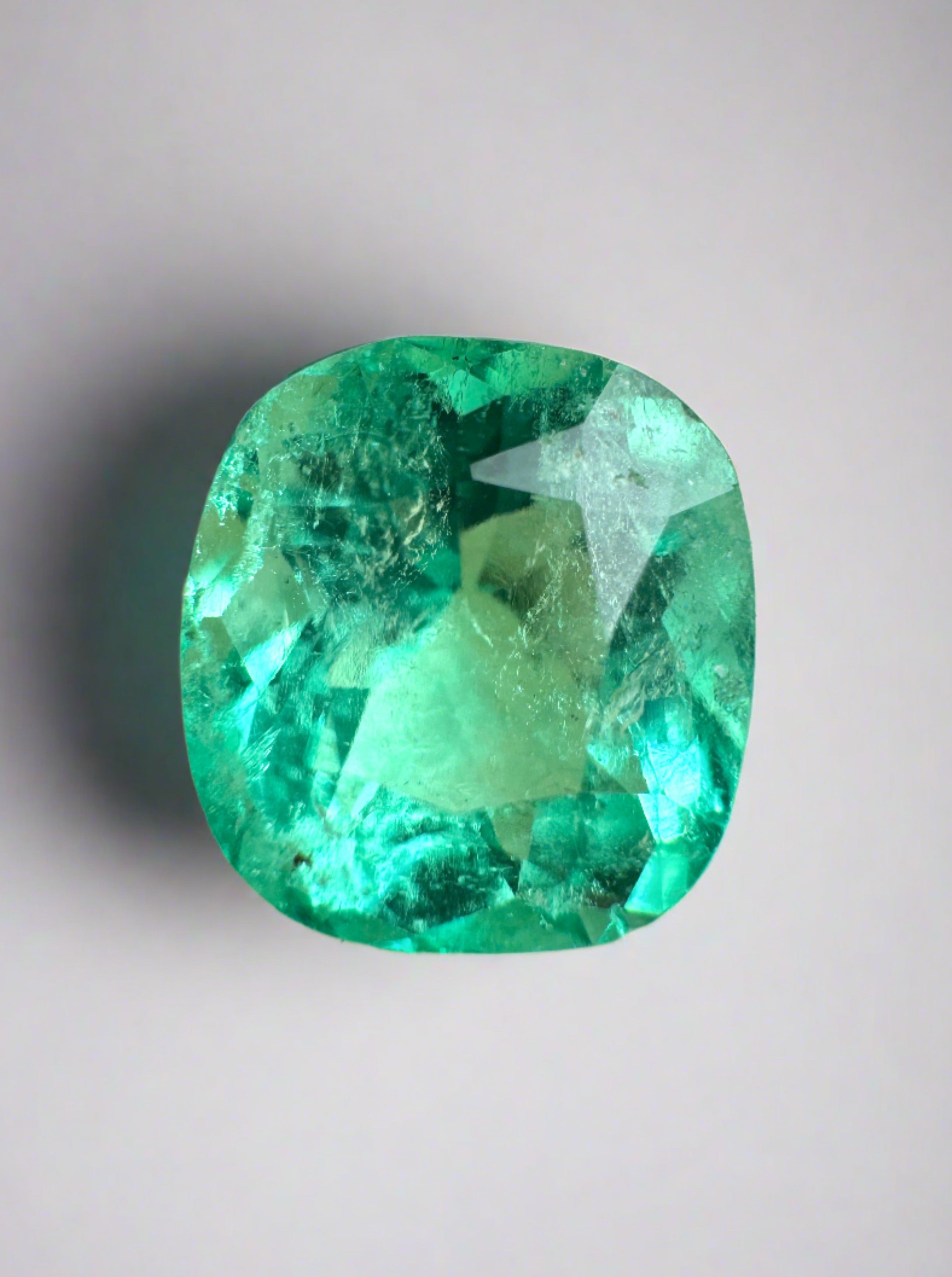 3.34 carat bluish green natural Colombian emerald cushion cut loose gemstone