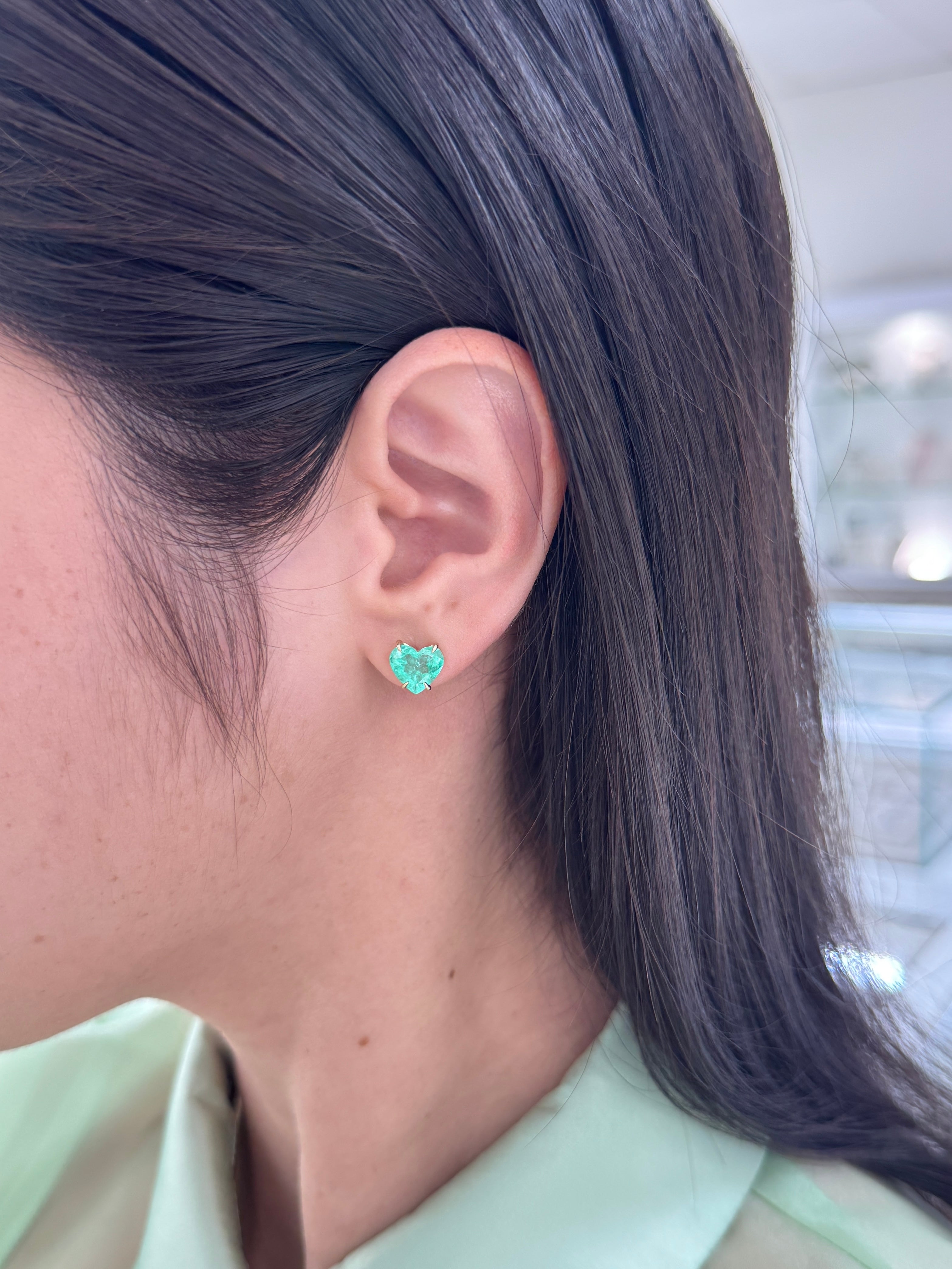 3.24tcw Matching Pair Green Natural Colombian Emerald Hearts Stud Earrings 14K - JR Colombian Emeralds