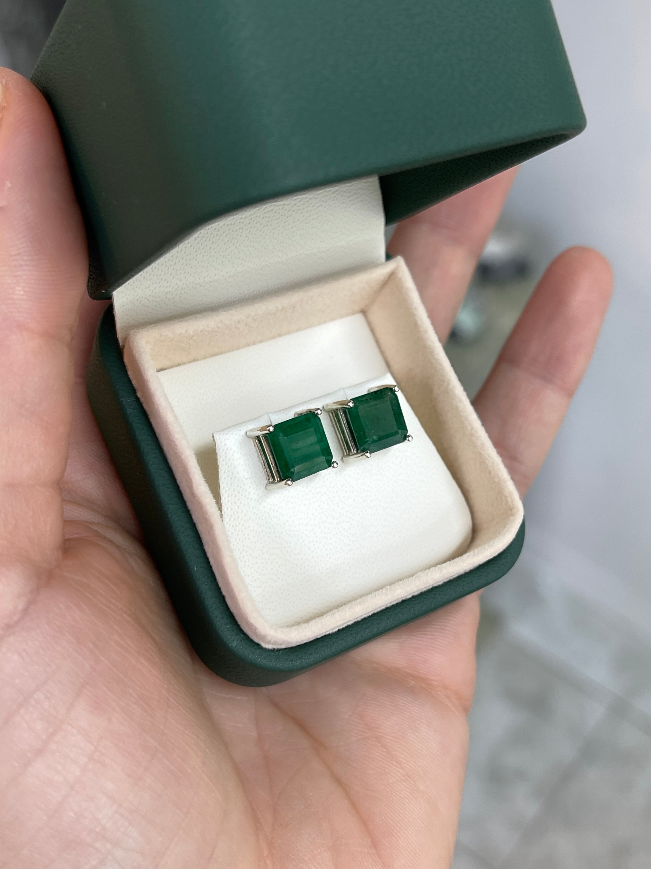 4.83tcw 8x8 Deep Green Earth Mined Asscher Cut Stud Earrings Sterling Silver