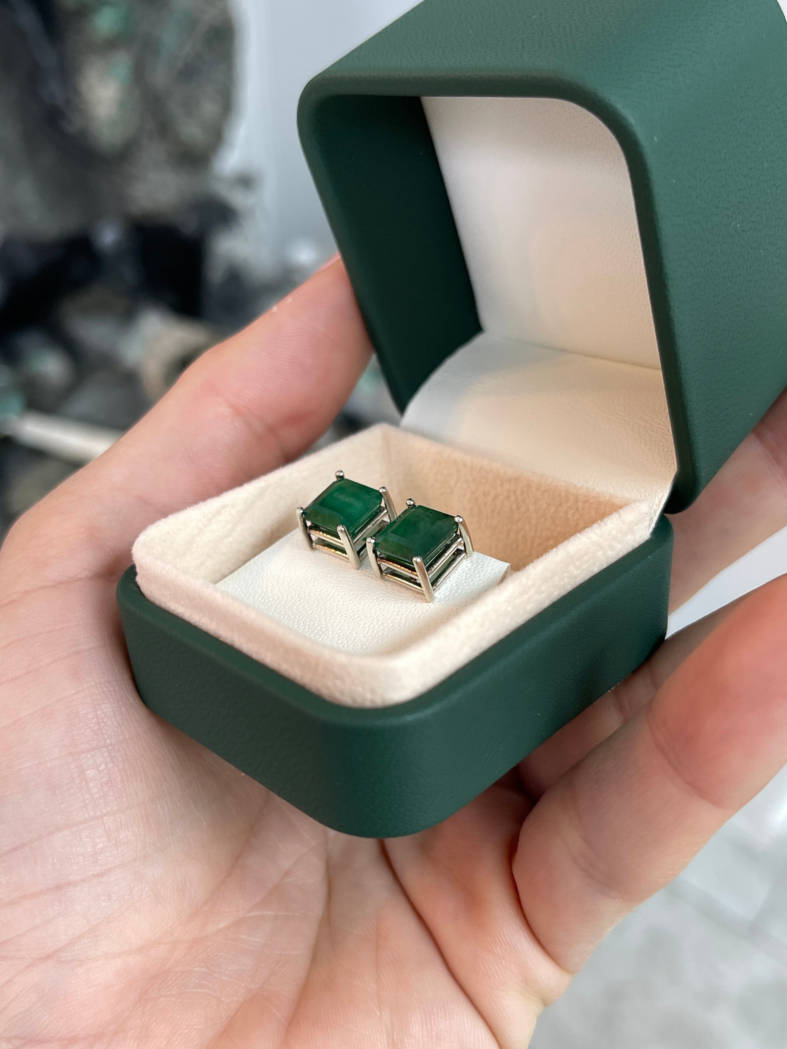 4.83tcw 8x8 Deep Green Earth Mined Asscher Cut Stud Earrings Sterling Silver