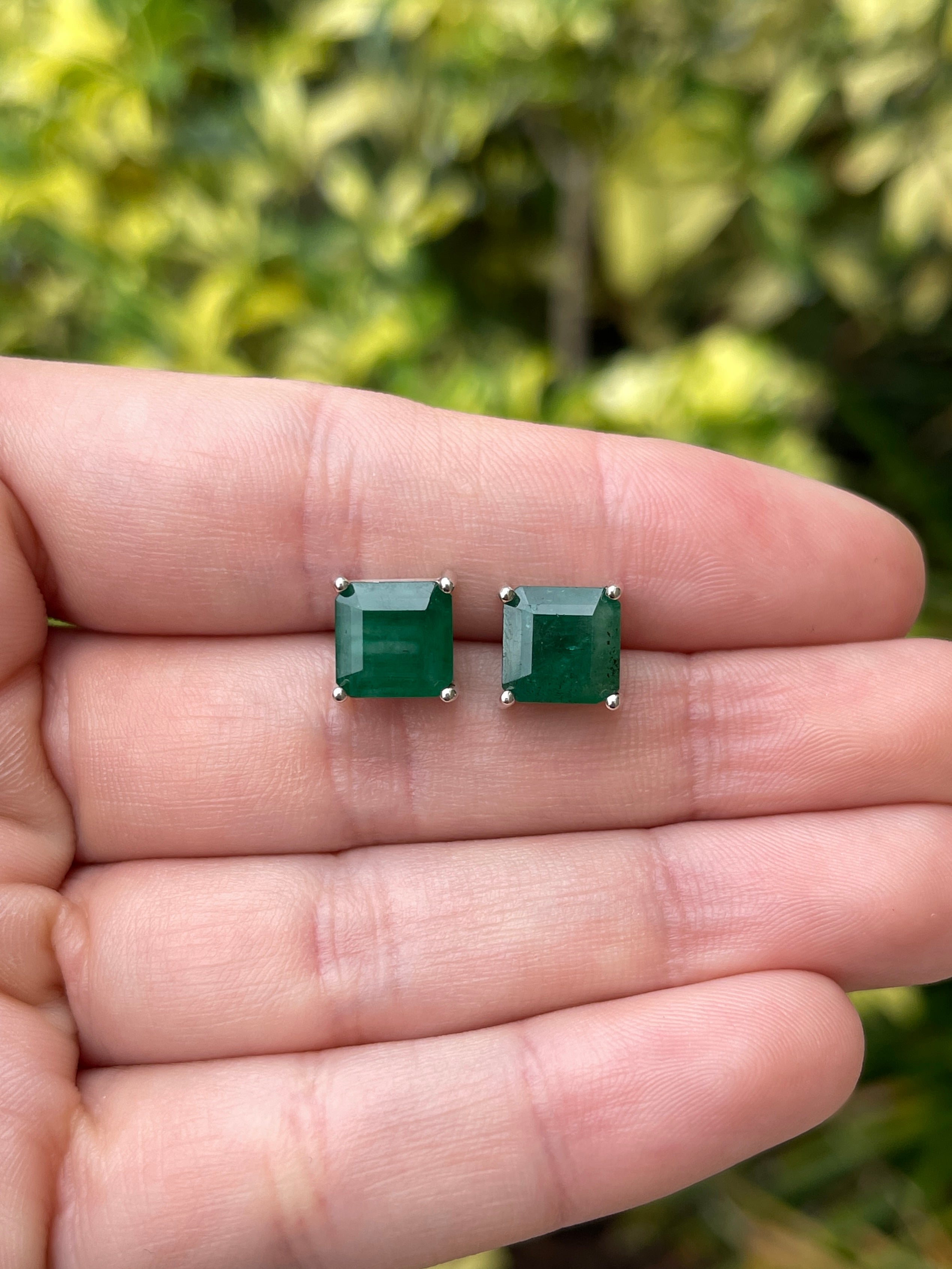 4.83tcw 8x8 Deep Green Earth Mined Asscher Cut Stud Earrings Sterling Silver