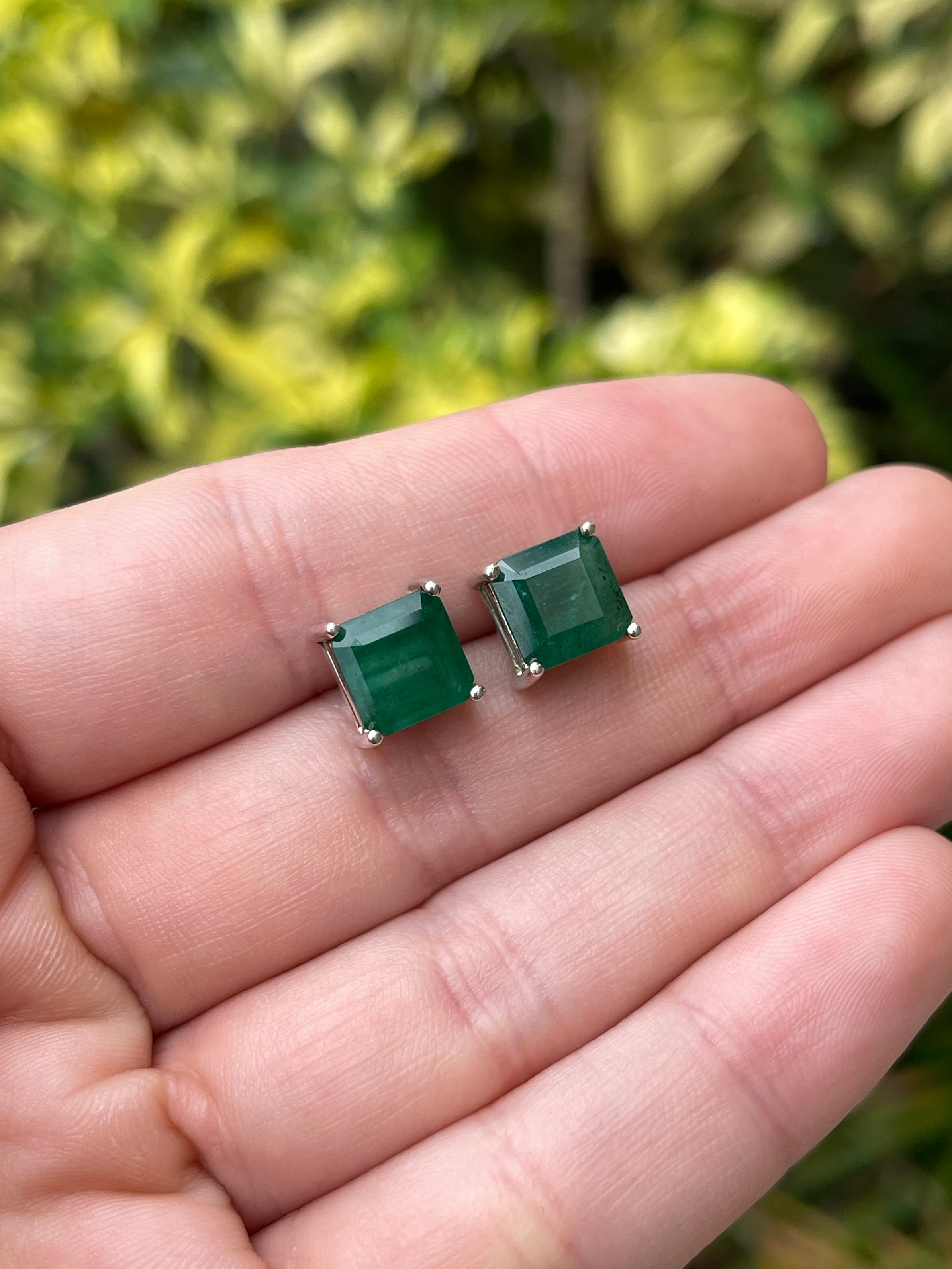 4.83tcw 8x8 Deep Green Earth Mined Asscher Cut Stud Earrings Sterling Silver