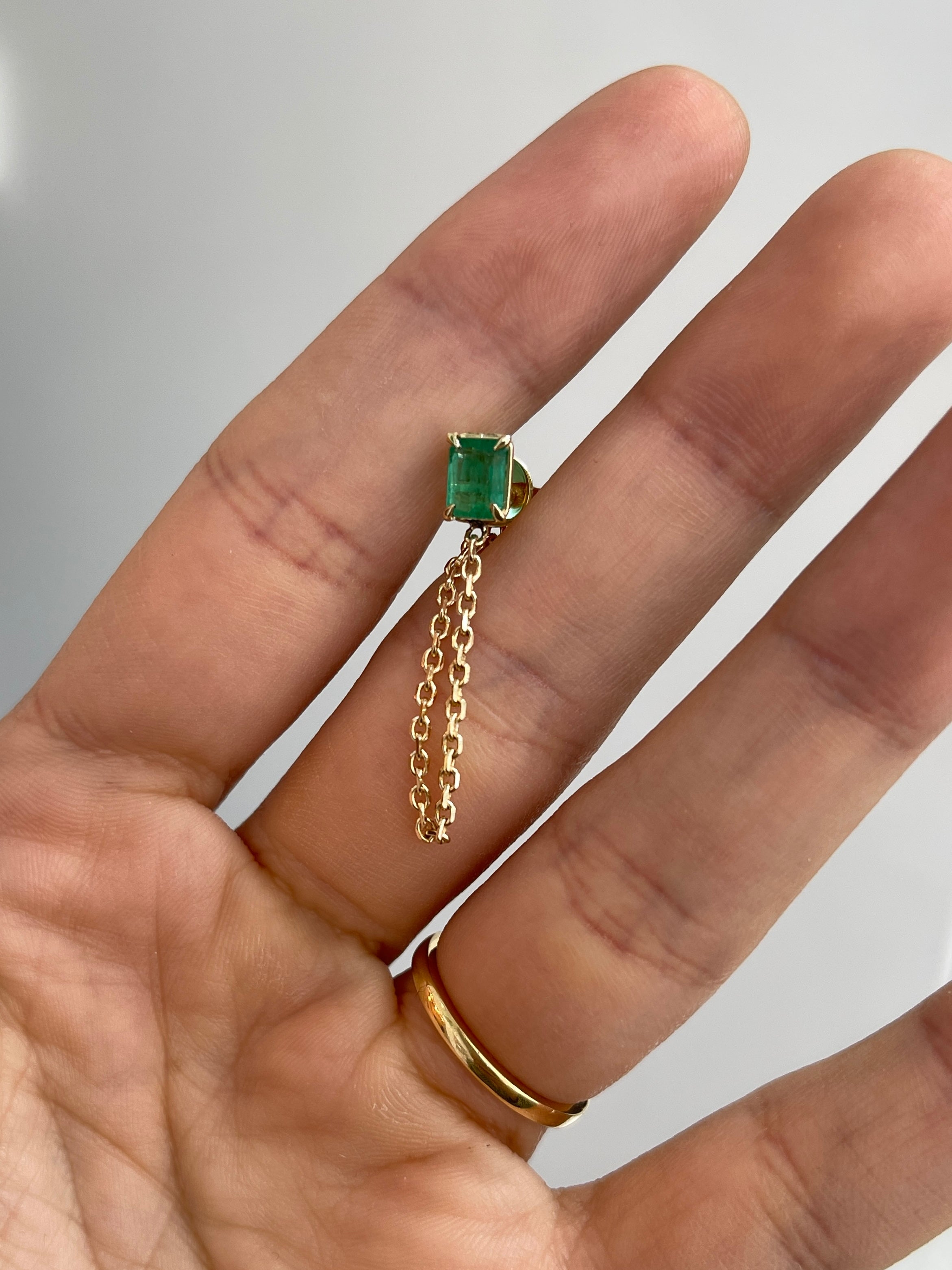 14K Single Emerald Chain Stud Earring- Emerald Cut