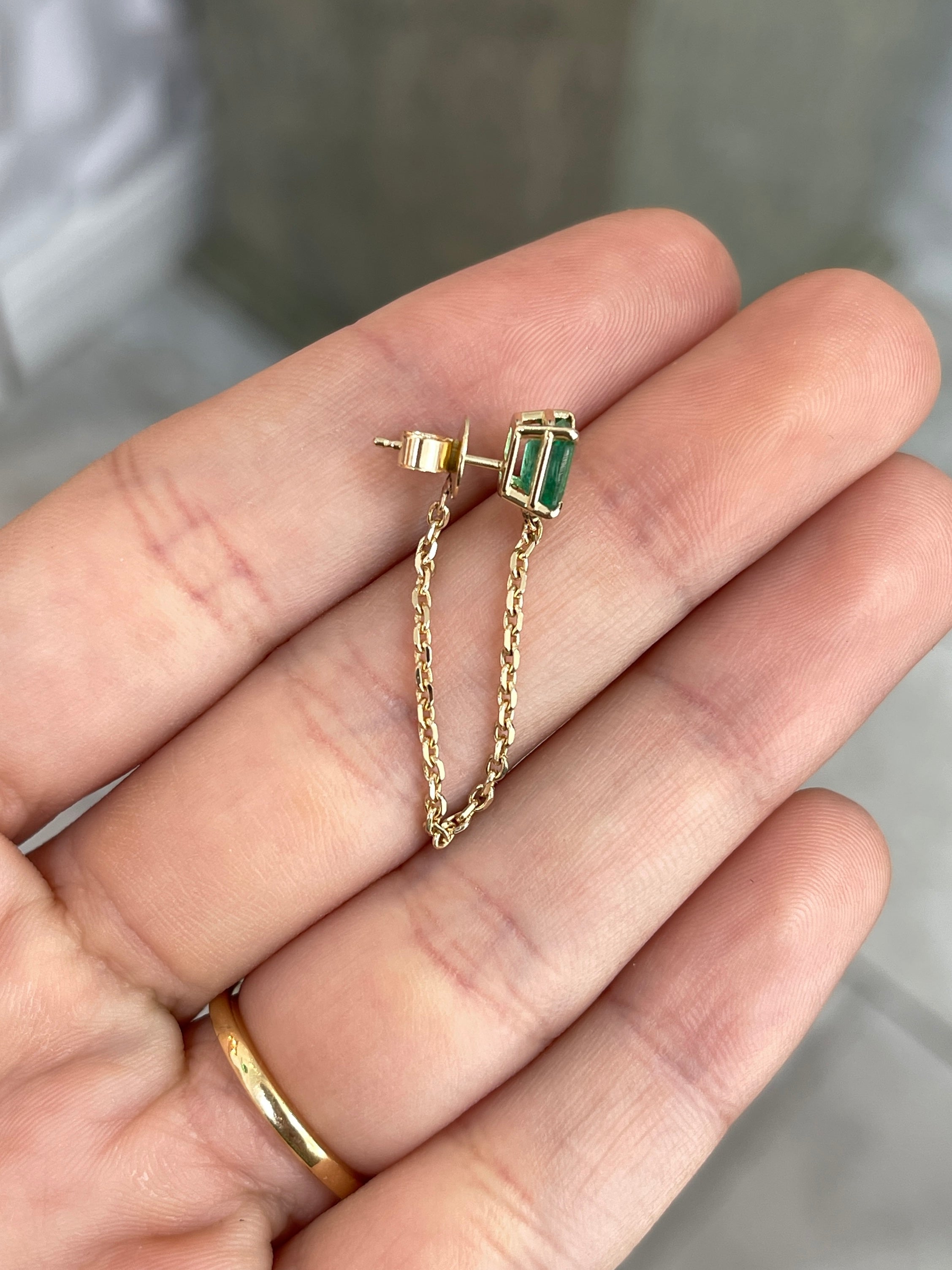 14K Single Emerald Chain Stud Earring- Emerald Cut