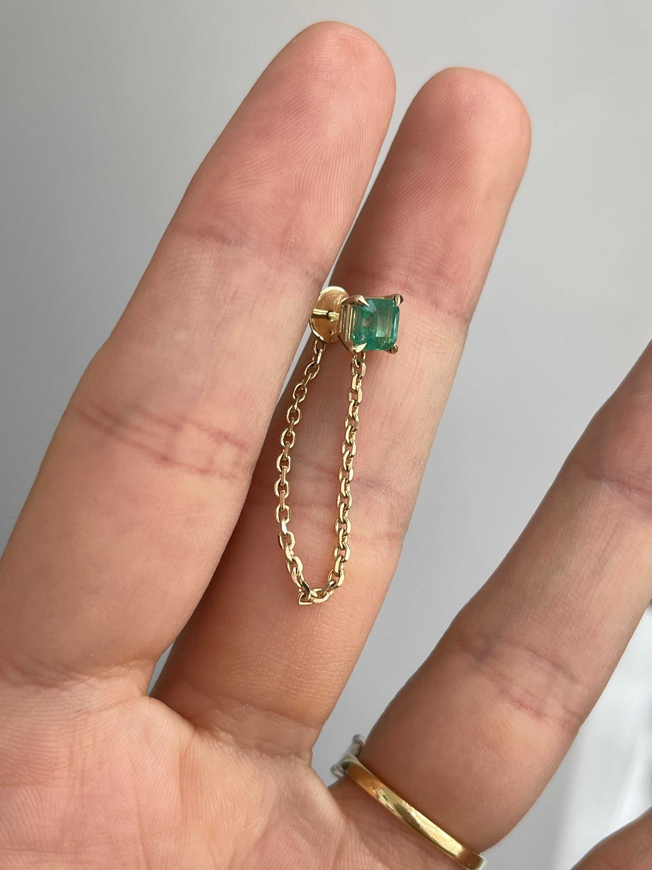 14K Single Emerald Chain Stud Earring- Asscher Cut - JR Colombian Emeralds