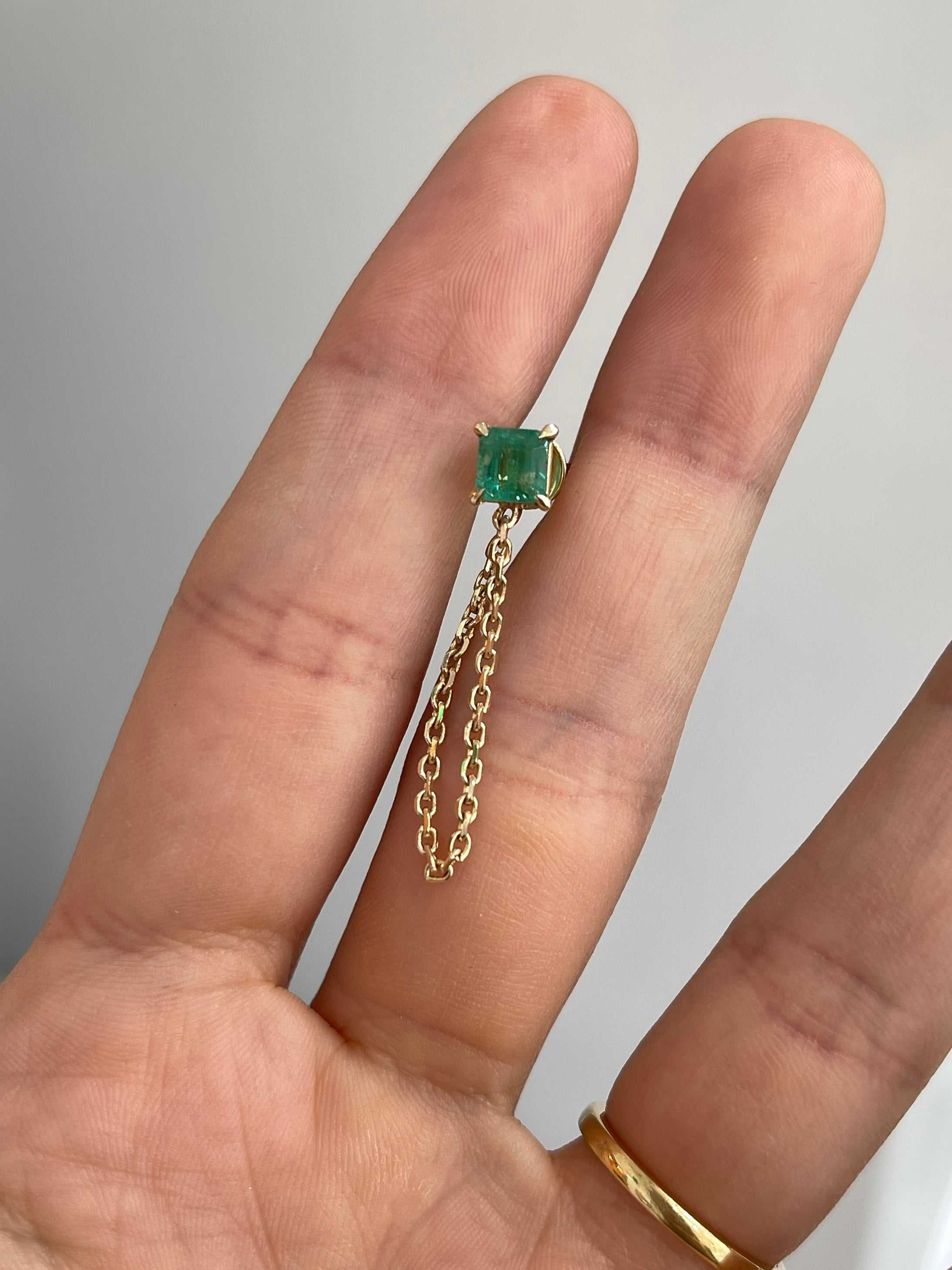14K Single Emerald Chain Stud Earring- Asscher Cut - JR Colombian Emeralds