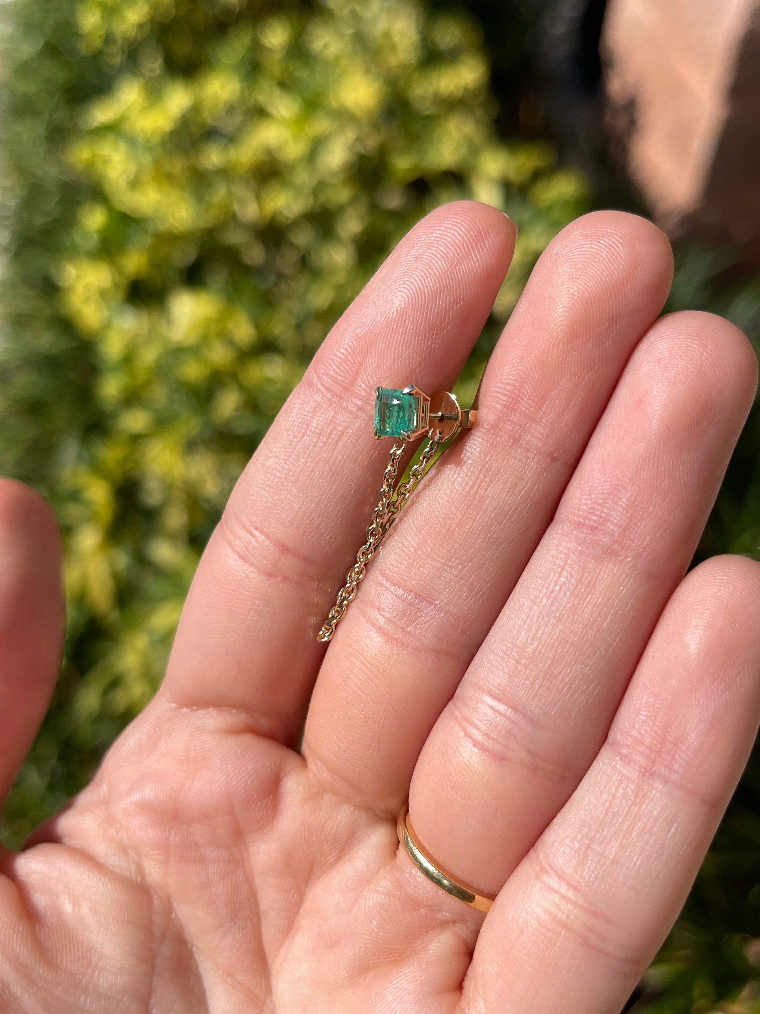 14K Single Emerald Chain Stud Earring- Asscher Cut