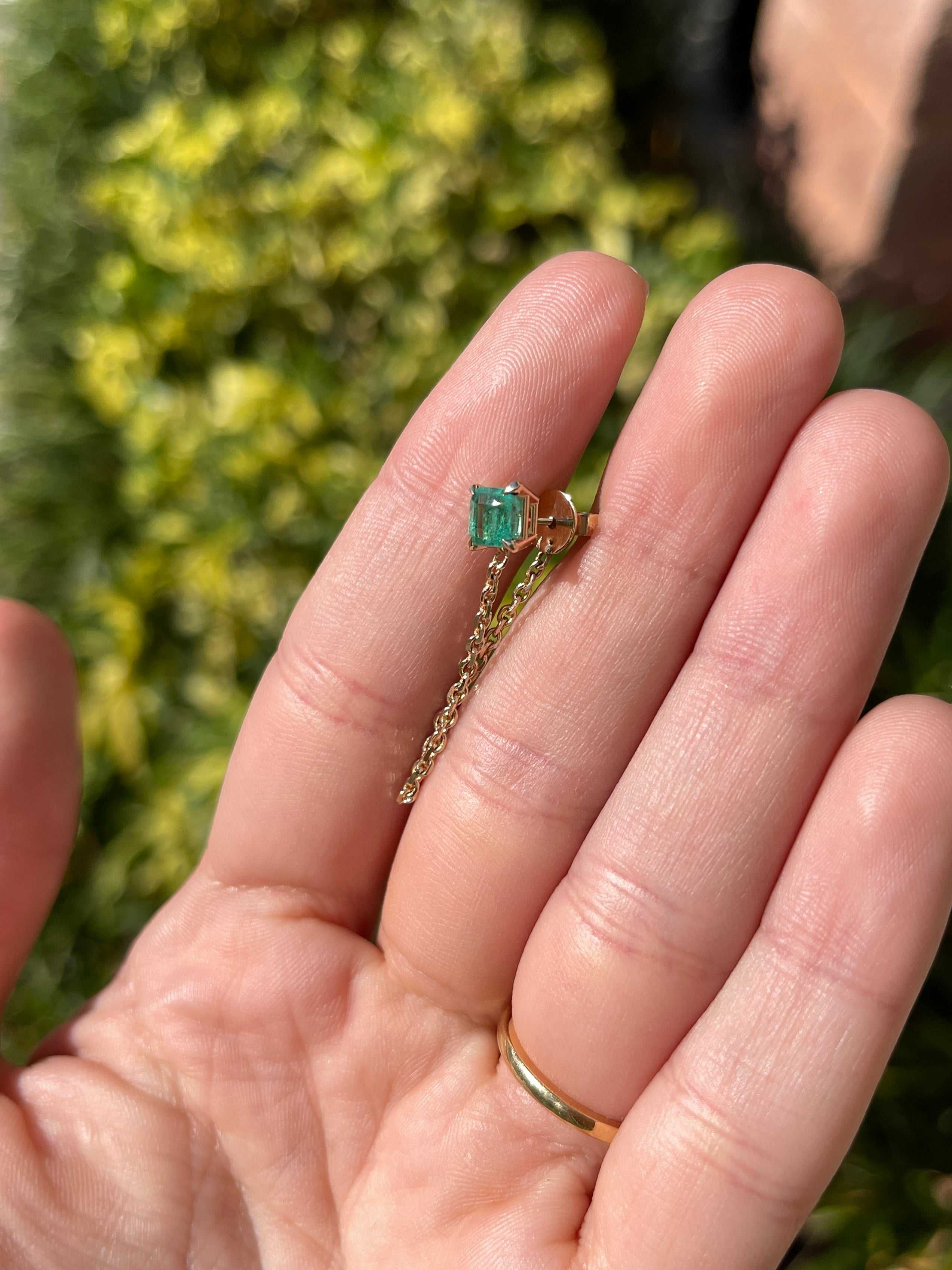 14K Single Emerald Chain Stud Earring- Asscher Cut - JR Colombian Emeralds