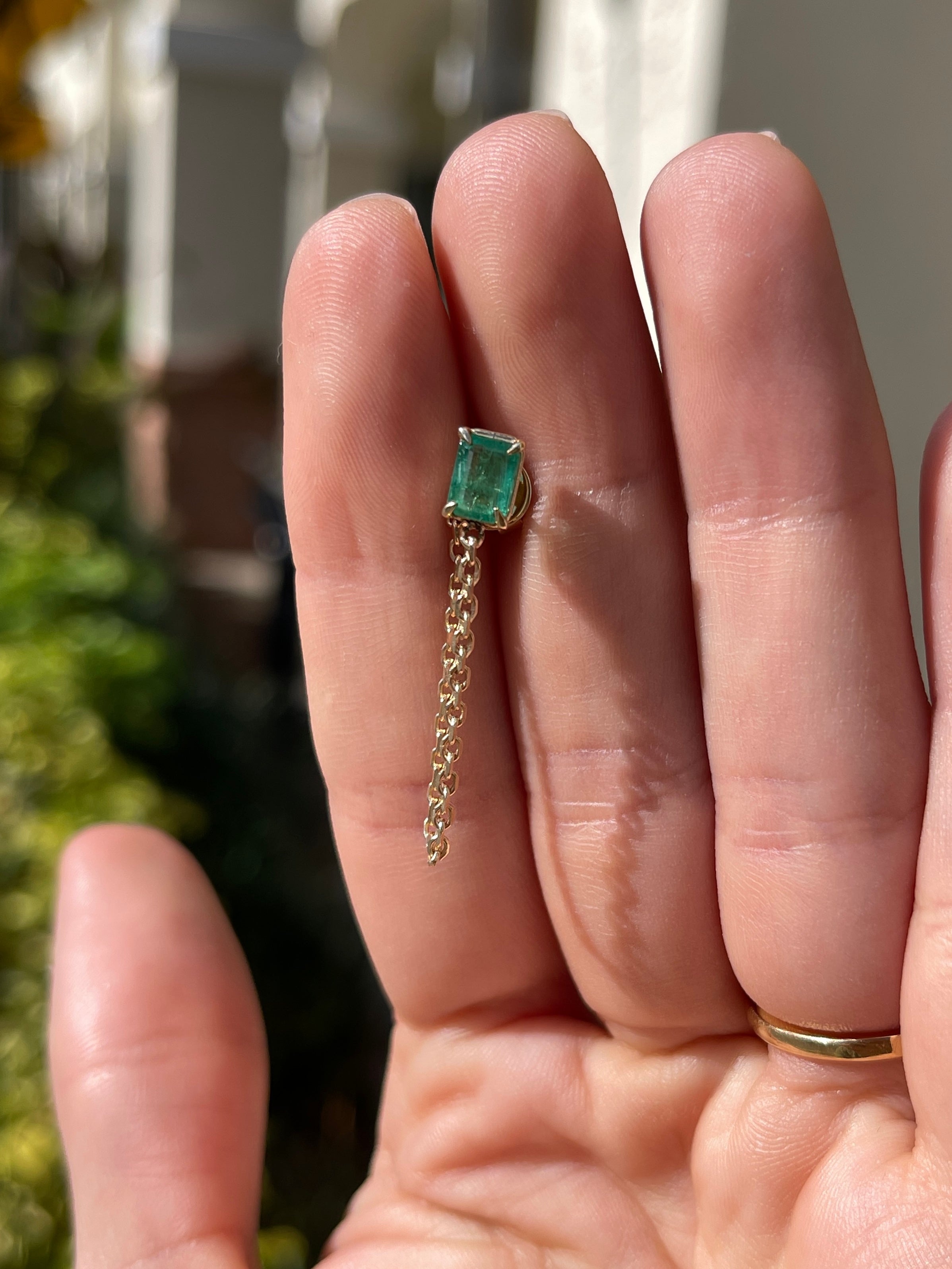 14K Single Emerald Chain Stud Earring- Emerald Cut