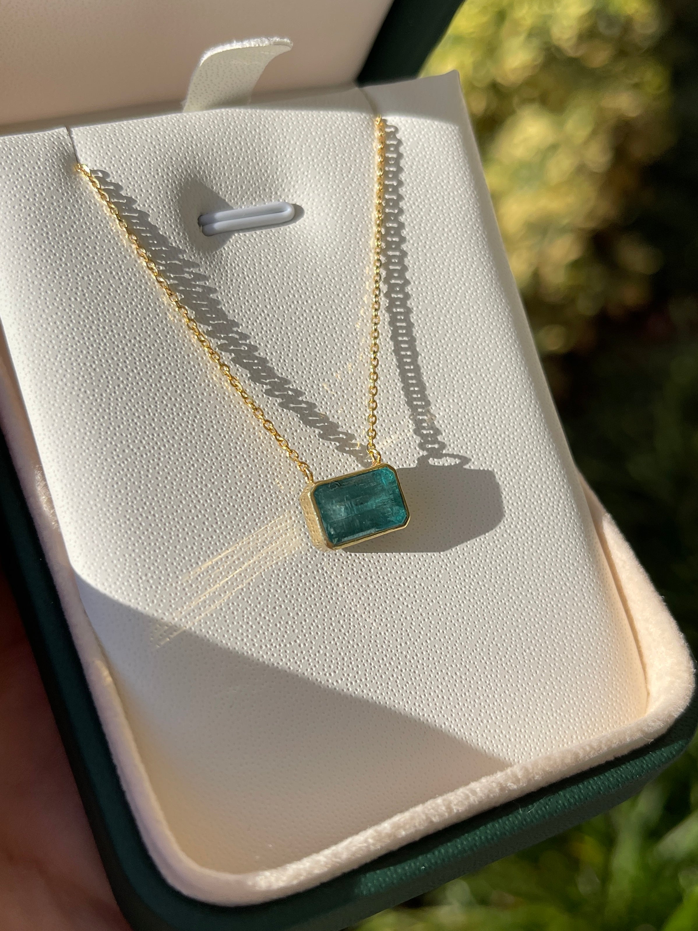 2.75ct Bluish Natural Emerald Bezel Set Solitaire Necklace 14K - JR Colombian Emeralds